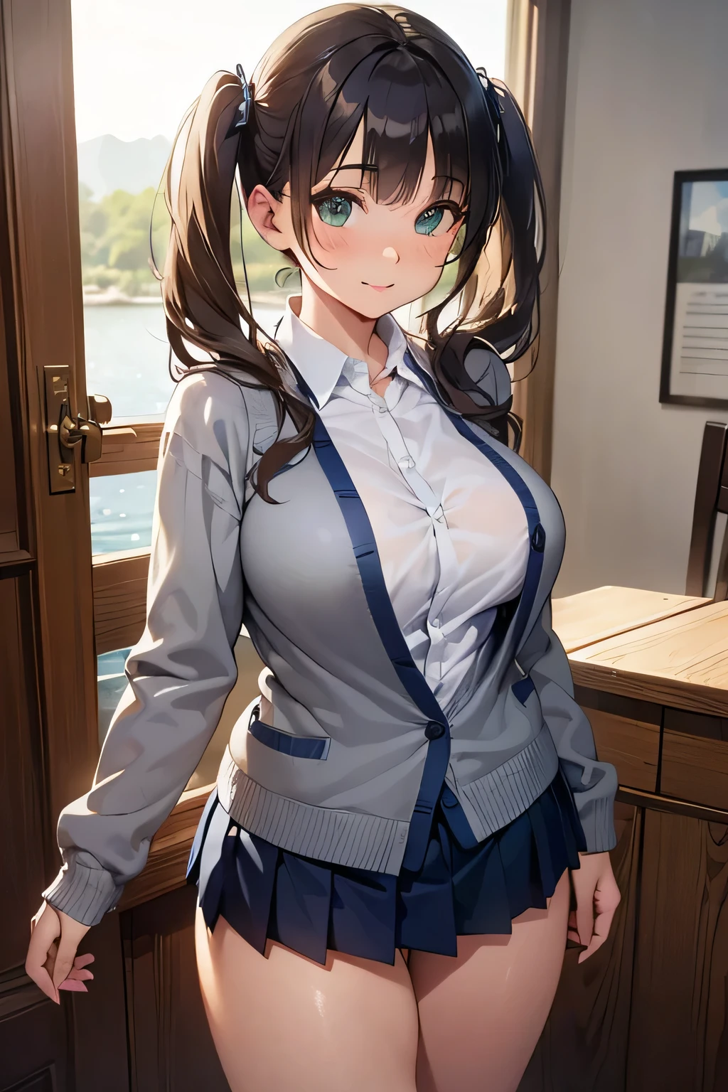 nsfw,(masterpiece:1.2, highest quality), (Realistic, photoRealistic:1.4), Beautiful illustrations, (Natural Side Lighting, Cinema Lighting),
View Viewer, Cowboy Shot, Front view:0.6, 1 girl, Japanese, high school girl, Perfect Face, Cute and symmetrical face, Shiny skin,
(twintail:1.3, Light brown hair), Hair between the eyes, Emerald green eyes, Long Eyelashes, (Big Breasts:0.9, Thick thighs),
Beautiful Hair, Beautiful Face, Beautiful fine details, Beautiful clavicle, Beautiful body, Beautiful breasts, Beautiful thighs, Beautiful feet, Beautiful fingers,
((White collared shirt with long sleeves, Navy pleated mini skirt, Navy them, Light Gray Cardigan)), Showing off her pink panties、
(Beautiful views), evening, River side, (Cute smile, Upward glance), She's lifting up her skirt:1.5、Don't show your teeth、Showing off her breasts:1.5、The button is unbuttoned、Clothes are open、Open the shirt