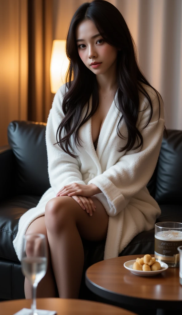 Ultra realistic photography of Korean female model with oiled porcelain skin with big breast, with very long wavy black hair. toned abs, She has facial aesthetic of kpop singer NingNing from Aespa. The woman's skin has a natural texture and visible pores.  Golden hazel iris, The depth of field is shallow.  woman sitting on a black leather couch in a cozy, dimly lit room. She is wearing a fluffy white bathrobe, with her long
dark hair styled down and loosely framing her face. Her legs are crossed, revealing black fishnet stockings, adding a subtle contrast to her relaxed attire. The room exudes a calm and intimate atmosphere with soft lighting. In the foreground, a small wooden table holds a champagne glass and a chilled bottle of champagne in a clear ice bucket, surrounded by condensation. A neatly arranged plate of snacks or light appetizers sits on the table. Behind the woman, a large window with drawn curtains covers most of the wall, while a soft golden light illuminates the surroundings, creating a warm and relaxed ambiance.
vibrant atmosphere, real scene, natural style, high detail, proper human anatomy, camelnoes crutch, thigh gap, Camera Canon EOS 5D Mark IV, Not NSFW , lean forward pose       