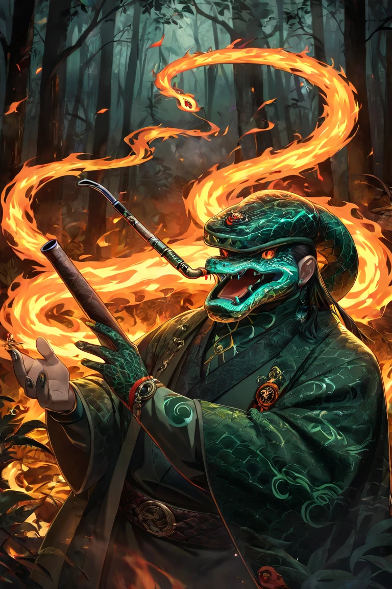  Generate an image of a snake smoking a pipe, with eyes on fire, against a dark forest background 