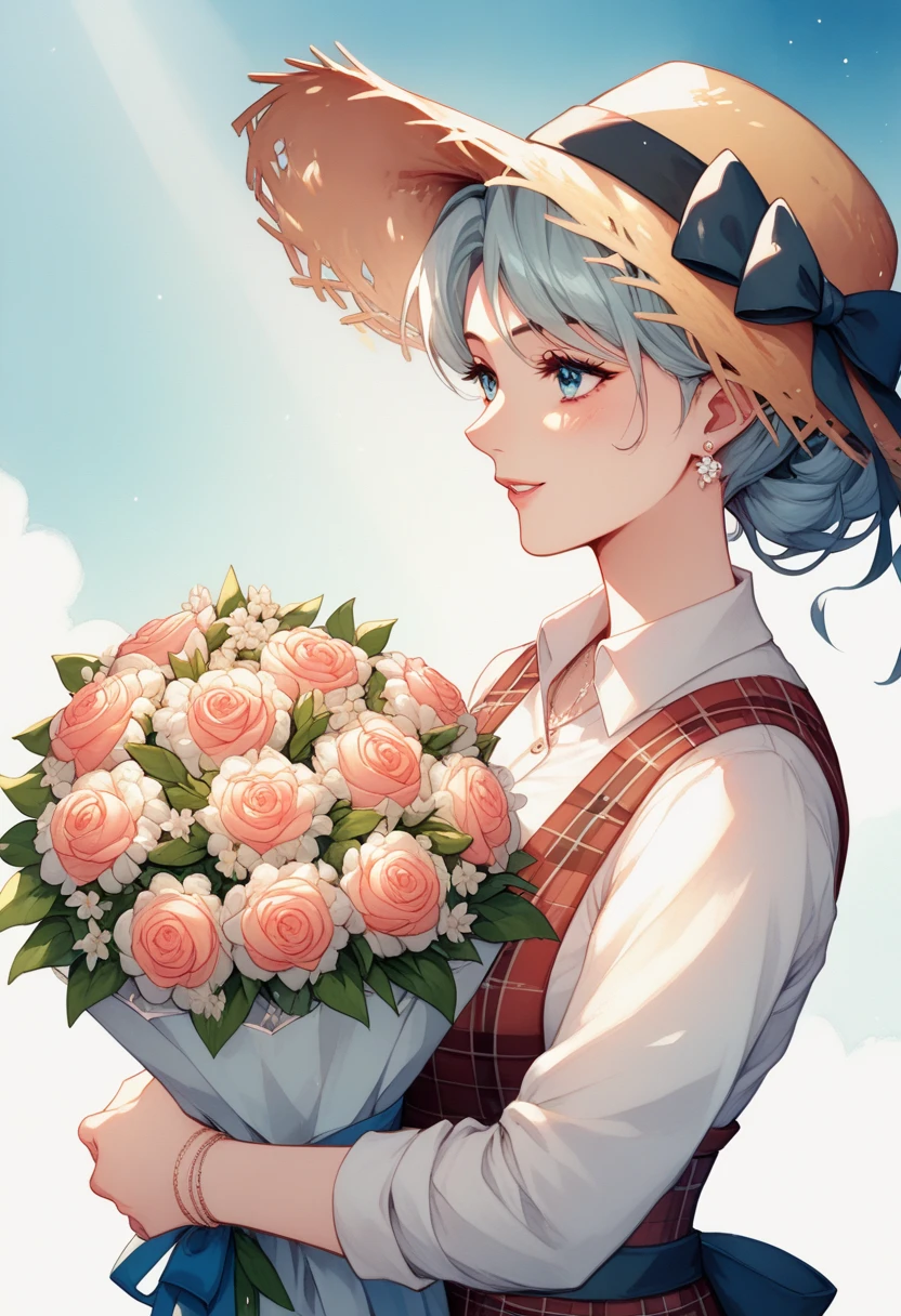 A watercolor illustration depicts a delicate Brazilian woman holding a bouquet of flowers. She is wearing a light blue, short-sleeved plaid dress adorned with a bow tied at the back. The large bouquet of white daisies she is holding covers part of her face and body, adding a touch of mystery and softness. On her head, she wears a wide-brimmed straw hat decorated with a black band, which completes the look. The style of the art is light and soft, evoking a sense of serenity and harmony with nature.