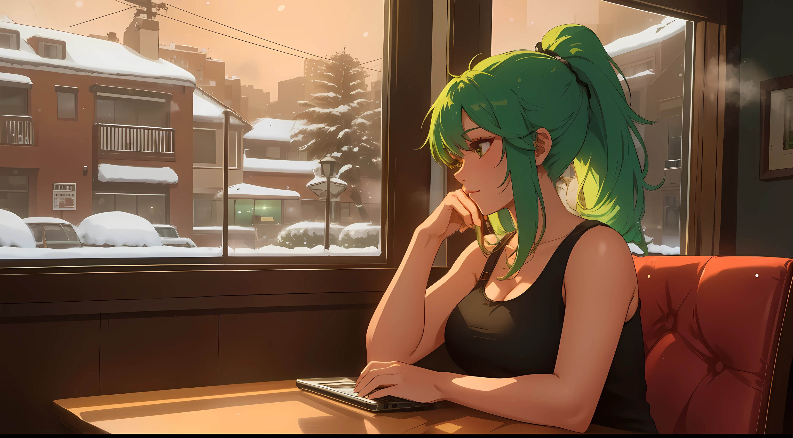 "A woman with green hair tied in a ponytail sits at a table in a cozy café, typing on a laptop. She is wearing a pink tank top, and the warm ambient lighting of the café creates a relaxing yet focused atmosphere. Behind her, the café interior features large windows, revealing a snowy winter evening outside, with a view of softly falling snow and a bustling urban street illuminated by warm streetlights. On the table beside her, a steaming cup of coffee or tea rests, adding to the comforting vibe of the scene. The café is filled with soft chatter and the clinking of cups, blending harmoniously with the serene winter ambiance outside. The setting captures a quiet moment of productivity in a cozy and inviting space."
