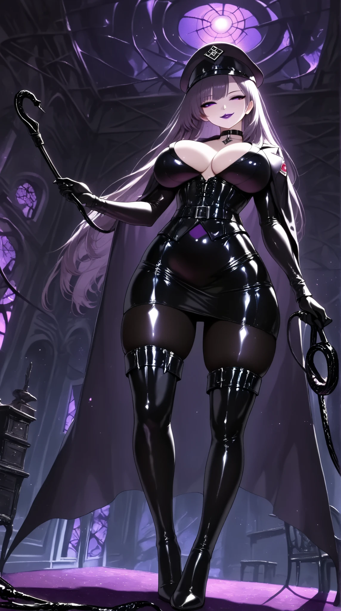  1 mature beautiful woman ,(masterpiece:1.3, top quality :1.3, very detailed depiction:1.3, incredibly absurd high definition :1.3,Curvaceous Body,Beautiful legs,High quality skin),(Female executive of an evil organization:1.3),( shiny black bondage corset with intricate construction:1.3,Black Latex Tight Skirt :1.3, bodystocking ,military hat,Military cloak,Black leather belt, long gloves, leather chokers , black tights, leather thigh-high boots),( purple eyes, half closed eyes :1.2, normal breasts, bewitching smile,Shiny purple lips,Shadowed face,Seductive gestures, holding a whip in her hand :1.2), full body image , view from below,background:Bedroom at night,Dim atmosphere