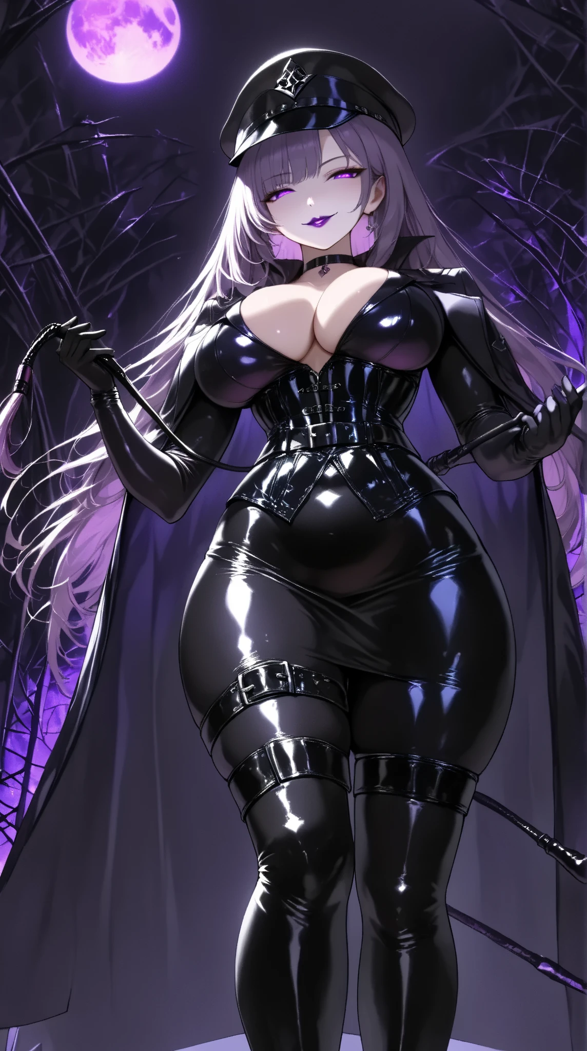  1 mature beautiful woman ,(masterpiece:1.3, top quality :1.3, very detailed depiction:1.3, incredibly absurd high definition :1.3,Curvaceous Body,Beautiful legs,High quality skin),(Female executive of an evil organization:1.3),( shiny black bondage corset with intricate construction:1.3,Black Latex Tight Skirt :1.3, bodystocking ,military hat,Military cloak,Black leather belt, long gloves, leather chokers , black tights, leather thigh-high boots),( purple eyes, half closed eyes :1.2, normal breasts, bewitching smile,Shiny purple lips,Shadowed face,Seductive gestures, holding a whip in her hand :1.2), full body image , view from below,background:Bedroom at night,Dim atmosphere