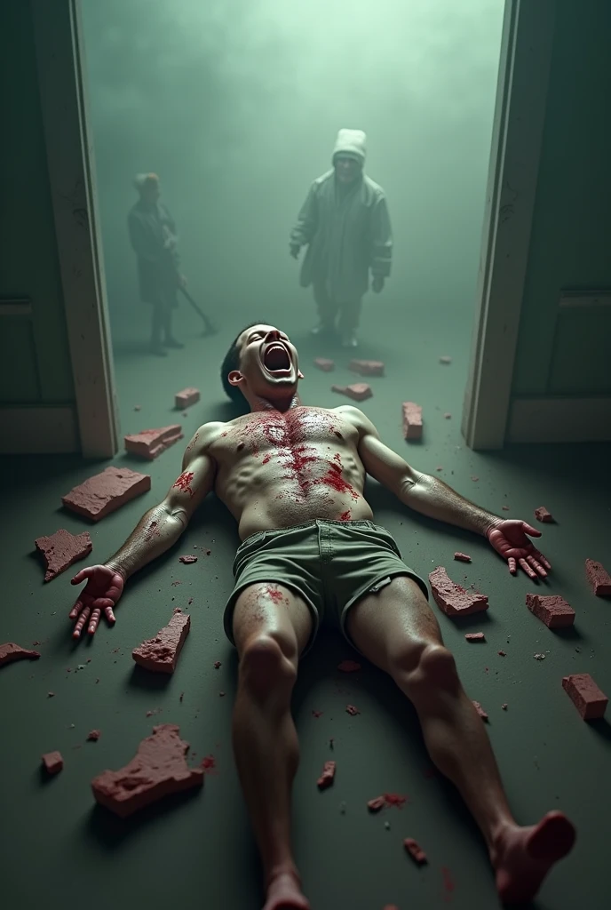 8k resolution, full body, Man laying on his back, bleeding and looking up, one arm raised begging for his life, we ca see his heart was ripped from his chest, leaving him with a hole in his body, we can see his bones inside his body. His wife taking the kids away from him, leaving this man