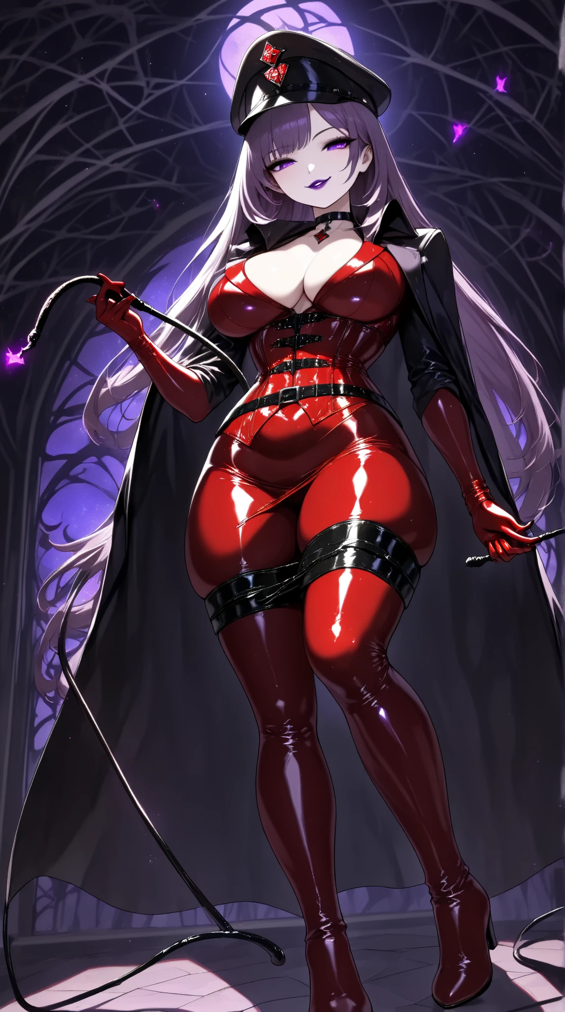  1 mature beautiful woman ,(masterpiece:1.3, top quality :1.3, very detailed depiction:1.3, incredibly absurd high definition :1.3,Curvaceous Body,Beautiful legs,High quality skin),(Female executive of an evil organization:1.3),(shiny red bondage corset with intricate structure:1.3,Red Latex Tight Skirt :1.3, bodystocking ,military hat,Military cloak,Black leather belt, long gloves, leather chokers ,Red tights, leather thigh-high boots),( purple eyes, half closed eyes :1.2, normal breasts, bewitching smile,Shiny purple lips,Shadowed face,Seductive gestures, holding a whip in her hand :1.2), full body image , view from below,background:Bedroom at night,Dim atmosphere