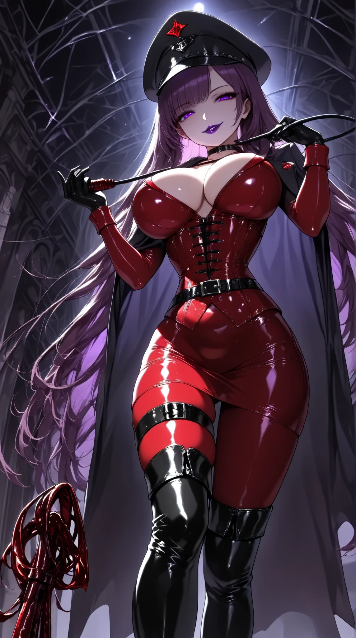  1 mature beautiful woman ,(masterpiece:1.3, top quality :1.3, very detailed depiction:1.3, incredibly absurd high definition :1.3,Curvaceous Body,Beautiful legs,High quality skin),(Female executive of an evil organization:1.3),(shiny red bondage corset with intricate structure:1.3,Red Latex Tight Skirt :1.3, bodystocking ,military hat,Military cloak,Black leather belt, long gloves, leather chokers ,Red tights, leather thigh-high boots),( purple eyes, half closed eyes :1.2, normal breasts, bewitching smile,Shiny purple lips,Shadowed face,Seductive gestures, holding a whip in her hand :1.2), full body image , view from below,background:Bedroom at night,Dim atmosphere