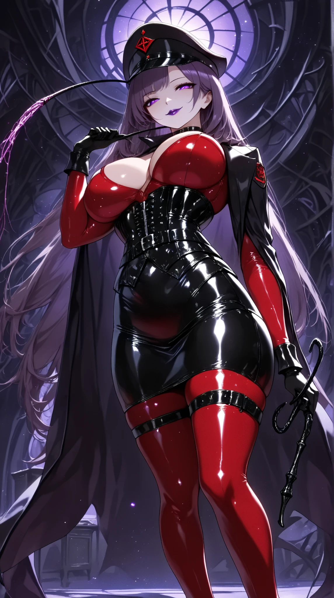  1 mature beautiful woman ,(masterpiece:1.3, top quality :1.3, very detailed depiction:1.3, incredibly absurd high definition :1.3,Curvaceous Body,Beautiful legs,High quality skin),(Female executive of an evil organization:1.3),(shiny red bondage corset with intricate structure:1.3,Red Latex Tight Skirt :1.3, bodystocking ,military hat,Military cloak,Black leather belt, long gloves, leather chokers ,Red tights, leather thigh-high boots),( purple eyes, half closed eyes :1.2, normal breasts, bewitching smile,Shiny purple lips,Shadowed face,Seductive gestures, holding a whip in her hand :1.2), full body image , view from below,background:Bedroom at night,Dim atmosphere