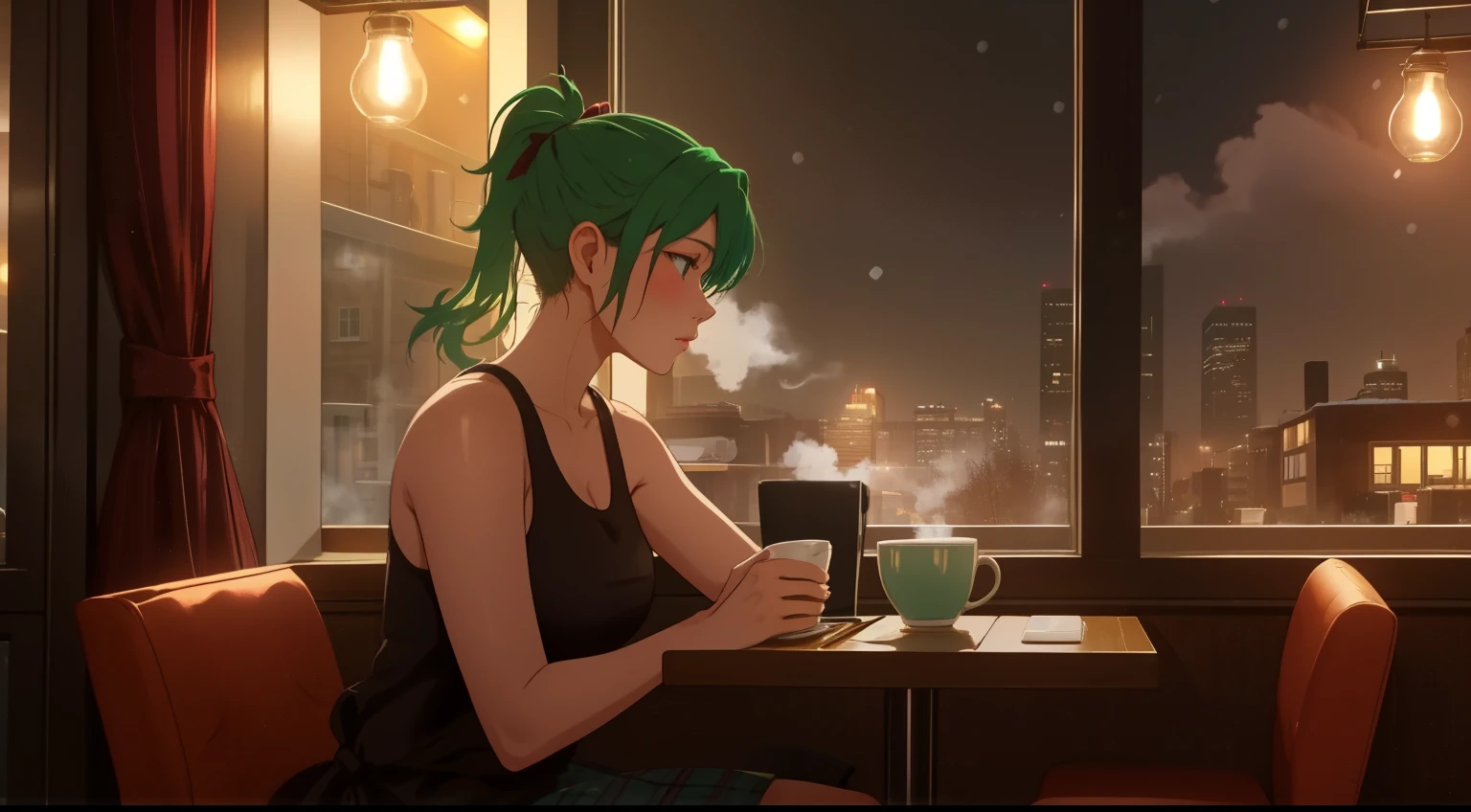 "A woman with green hair tied in a ponytail sits at a table in a cozy café, typing on a laptop. She is wearing a pink tank top, and the warm ambient lighting of the café creates a relaxing yet focused atmosphere. Behind her, the café interior features large windows, revealing a snowy winter evening outside, with a view of softly falling snow and a bustling urban street illuminated by warm streetlights. On the table beside her, a steaming cup of coffee or tea rests, adding to the comforting vibe of the scene. The café is filled with soft chatter and the clinking of cups, blending harmoniously with the serene winter ambiance outside. The setting captures a quiet moment of productivity in a cozy and inviting space."
