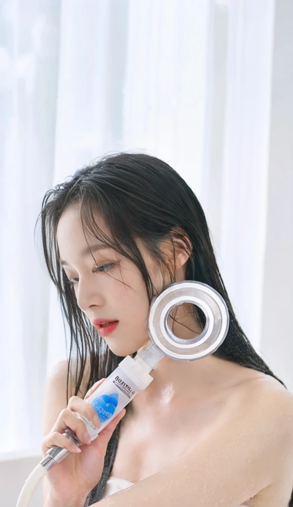 An araffe woman in a bathtub with a hair dryer on her head, soaking wet hair, wet dripping hair, head and shoulders, aokan, product introduction photo, head and shoulders photography, side-view, side - view, head and shoulders masterpiece, professional product photo, bottom angle, help me, liquid headdress, product photo, shower cap, eyes half close. 
Masterpiece, ultra detailed, realistic, photo realistic, high detail RAW color photo, professional photograph, extremely detailed, finely detail, lens flare, Dynamic lighting, 8K, RAW Photo, Best High Quality, Masterpiece: 1.2, Ultra HD: 1, High Detail RAW Color Photo, Pro Photo, Realistic, Photo Realistic: 1.5, Live Photo, Super detailed, Masterpiece, Real Skin, Realistic Skin, Realistic HD Eyes, Highly detailed Eyes, Perfect Eyes, Perfect face, Perfect fingers, extremely detailed face, extremely detailed eyes, extremely detailed skin, perfect anatomy, (non-muscle type:-1).