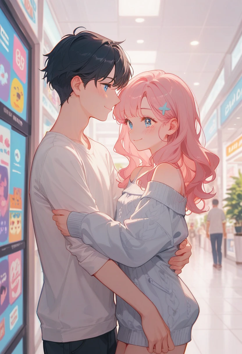 (masterpiece), best quality, highres, ultra-detailed, pastel colors, Girl with long semi-wavy pink hair, tender and bright light blue eyes, Small breasts, adorable blush, adorable face, sensual smile, blushing, white off-shoulder sweater, indoors, mall, arm hug, 1man, out of frame man, man in white shirt, 