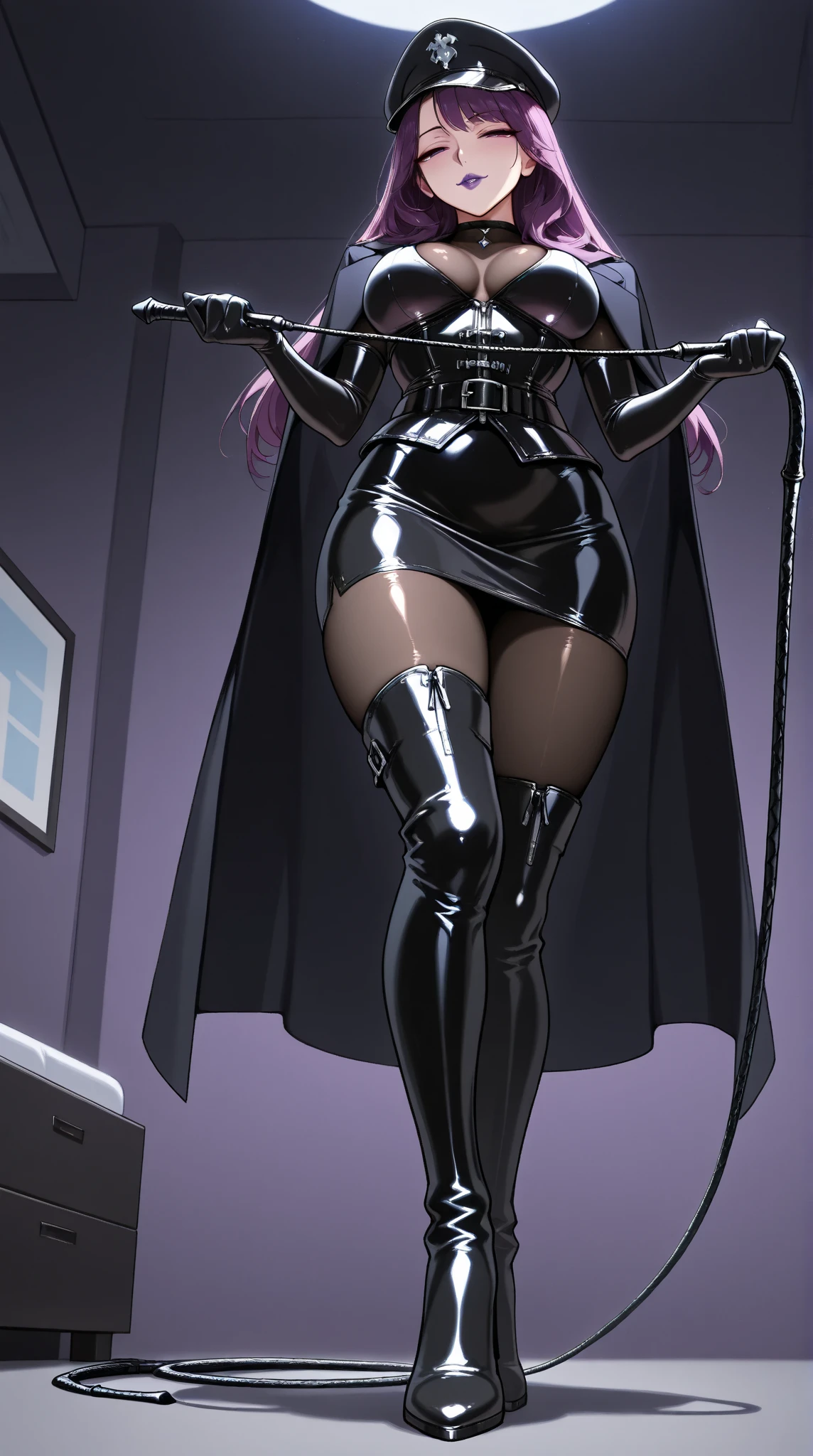  1 mature beautiful woman ,(masterpiece:1.3, top quality :1.3, very detailed depiction:1.3, incredibly absurd high definition :1.3,Curvaceous Body,Beautiful legs,High quality skin),(Female executive of an evil organization:1.3),( shiny black bondage corset with intricate construction:1.3,Black Latex Tight Skirt :1.3, bodystocking ,military hat,Military cloak,Black leather belt, long gloves, leather chokers , black tights, leather thigh-high boots),( purple eyes, half closed eyes :1.2, normal breasts, bewitching smile,Shiny purple lips,Shadowed face,Seductive gestures, holding a whip in her hand :1.2), full body image , view from below,background:Bedroom at night,Dim atmosphere