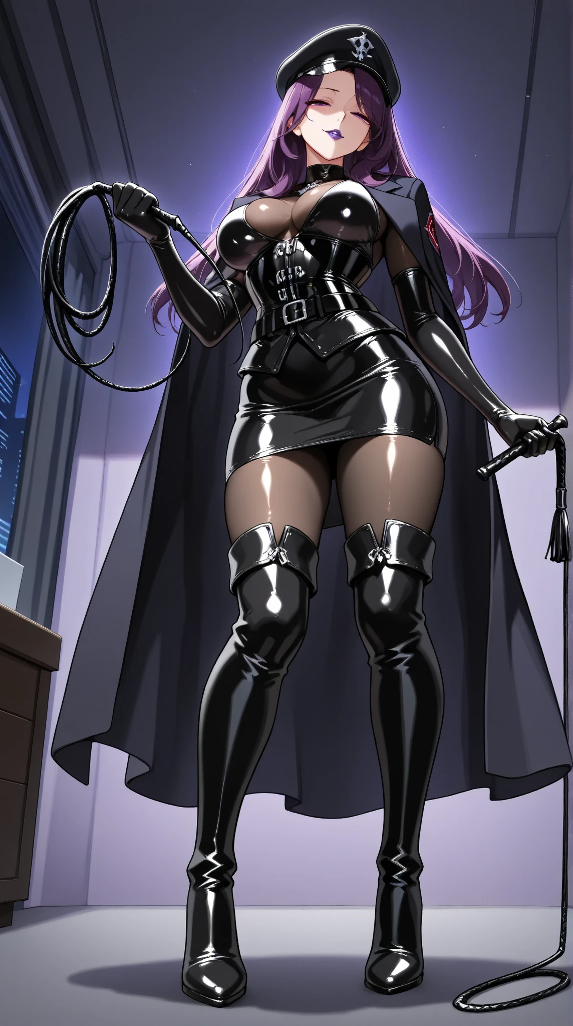  1 mature beautiful woman ,(masterpiece:1.3, top quality :1.3, very detailed depiction:1.3, incredibly absurd high definition :1.3,Curvaceous Body,Beautiful legs,High quality skin),(Female executive of an evil organization:1.3),( shiny black bondage corset with intricate construction:1.3,Black Latex Tight Skirt :1.3, bodystocking ,military hat,Military cloak,Black leather belt, long gloves, leather chokers , black tights, leather thigh-high boots),( purple eyes, half closed eyes :1.2, normal breasts, bewitching smile,Shiny purple lips,Shadowed face,Seductive gestures, holding a whip in her hand :1.2), full body image , view from below,background:Bedroom at night,Dim atmosphere