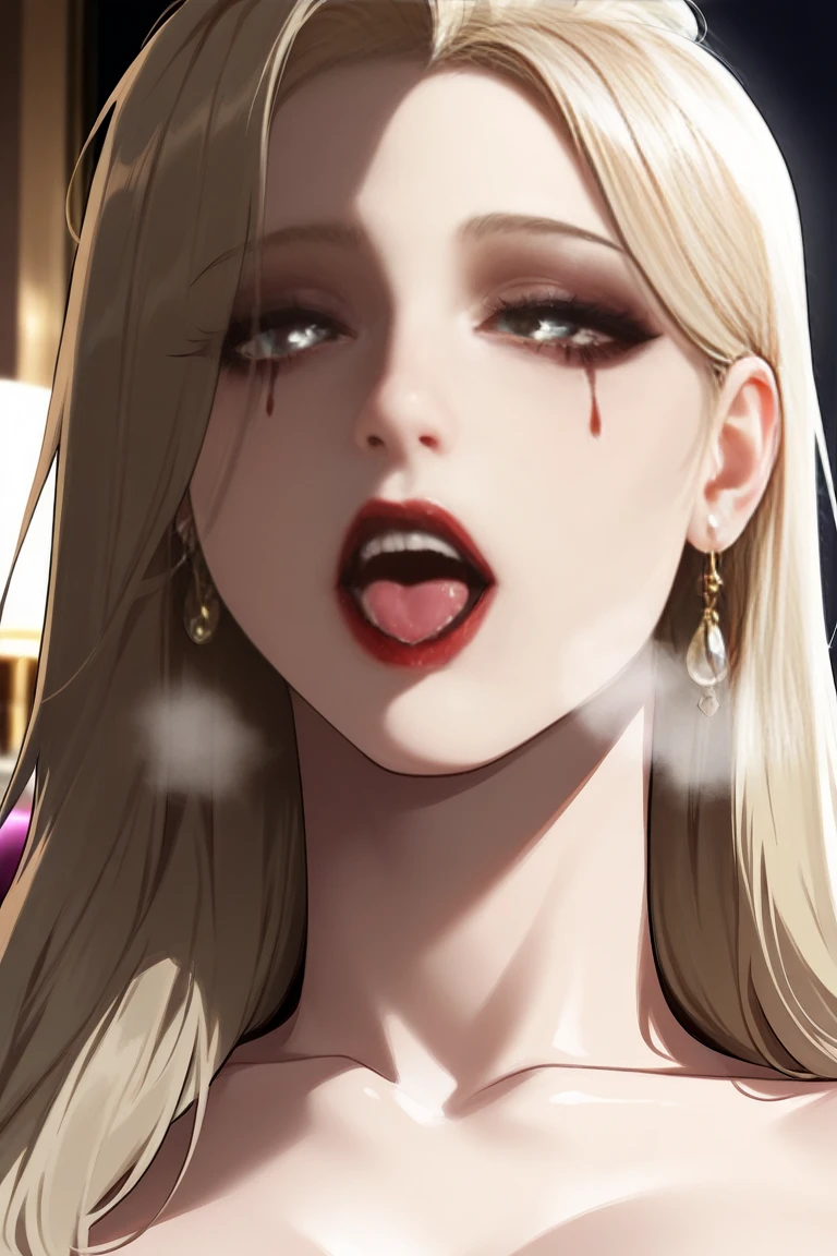  high resolution, masterpiece,  Anatomically Accurate,  ultra high definition ,  smooth skin,  Very Detailed ,  long hair, Blonde, chest, out their tongues., Heavy breathing, Heart lens ,  close-up , earring, Solo, ((mature, dark makeup , teardrop, 2 girls))、




(night:1.3, Desaturated lighting、 Ambient Lighting :1.3,  the room with the lights off:1.3,  Love Hotel :1.3,  Love Hotel のベッドルーム:1.3), 