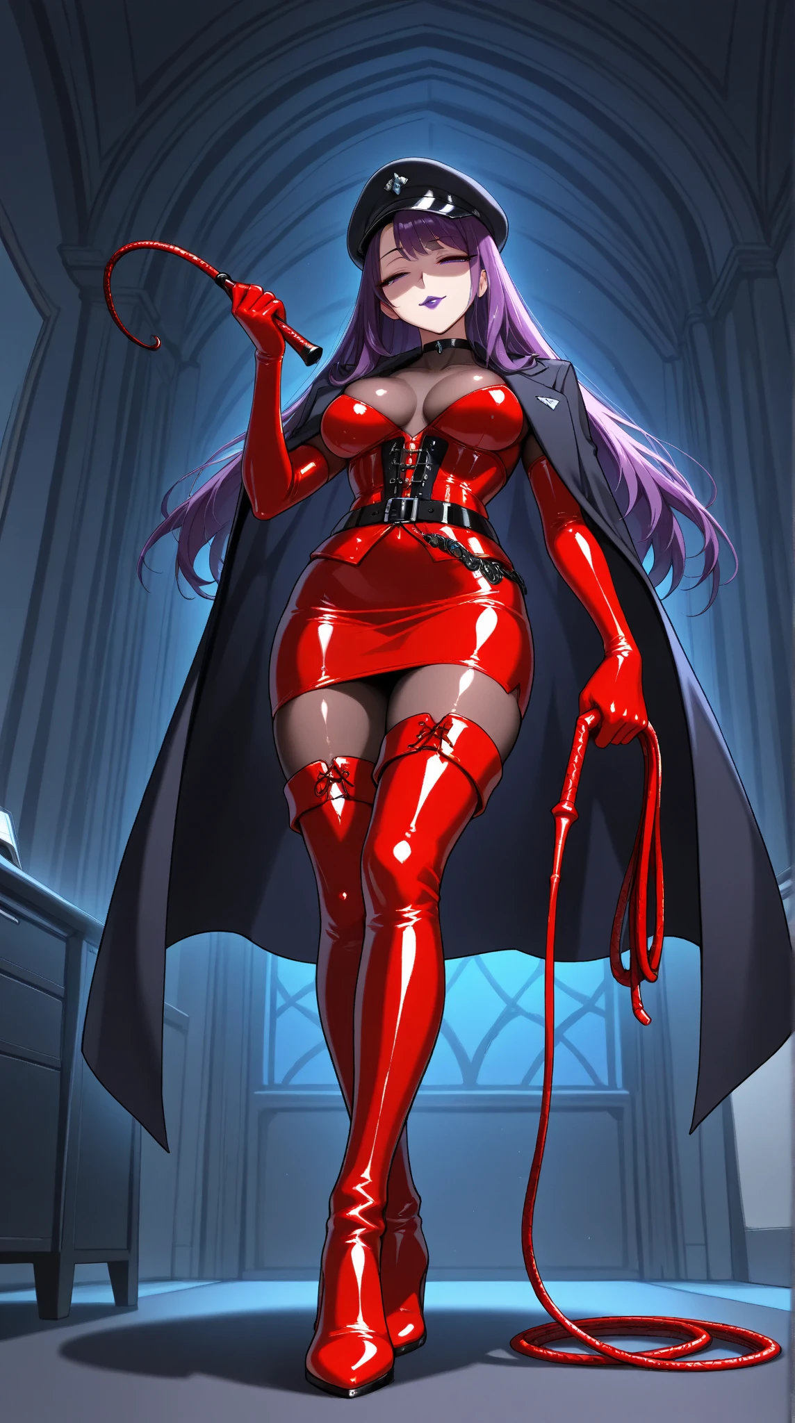  1 mature beautiful woman ,(masterpiece:1.3, top quality :1.3, very detailed depiction:1.3, incredibly absurd high definition :1.3,Curvaceous Body,Beautiful legs,High quality skin),(Female executive of an evil organization:1.3),(shiny red bondage corset with intricate structure:1.3,Red Latex Tight Skirt :1.3, bodystocking ,military hat,Military cloak,Black leather belt, long gloves, leather chokers ,Red tights, leather thigh-high boots),( purple eyes, half closed eyes :1.2, normal breasts, bewitching smile,Shiny purple lips,Shadowed face,Seductive gestures, holding a whip in her hand :1.2), full body image , view from below,background:Bedroom at night,Dim atmosphere