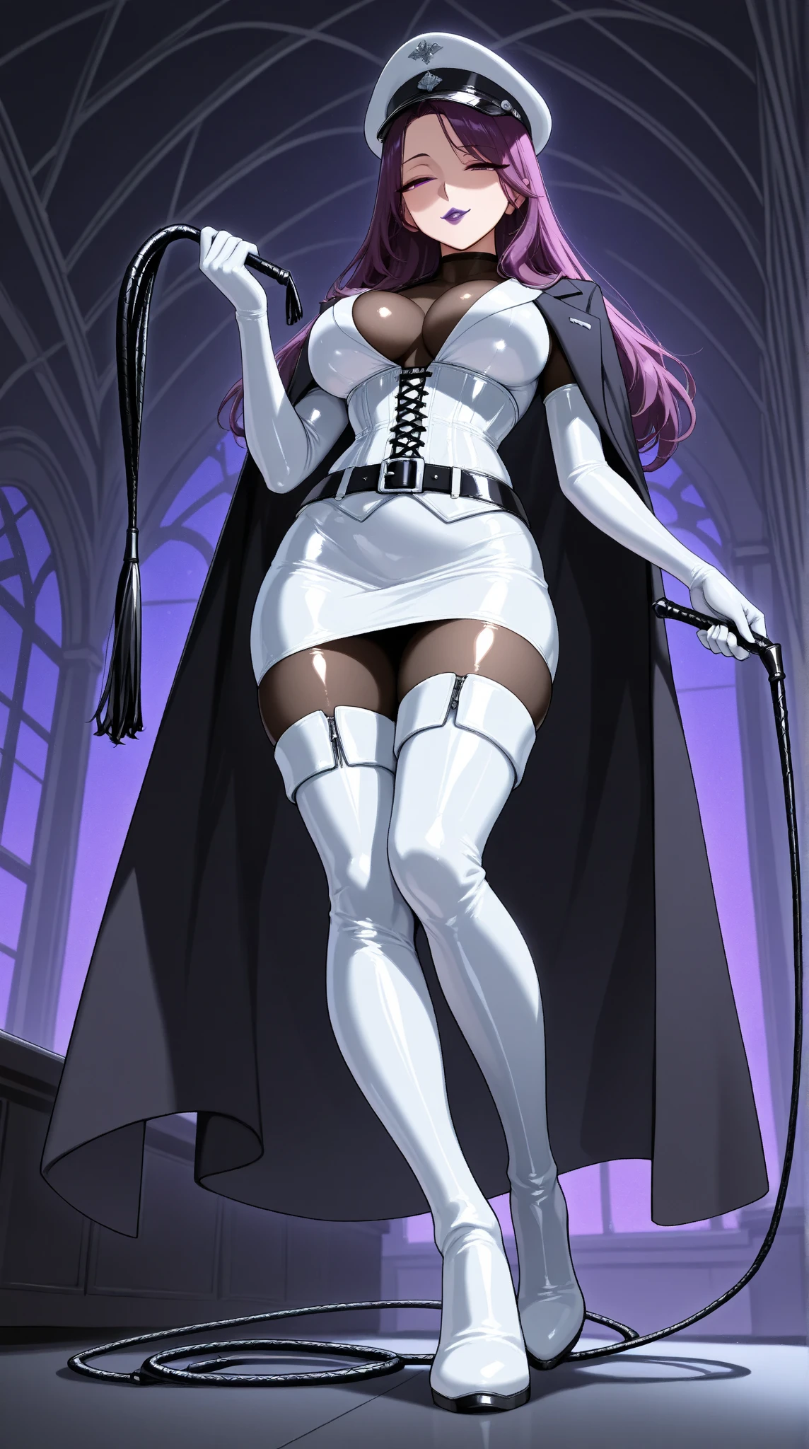  1 mature beautiful woman ,(masterpiece:1.3, top quality :1.3, very detailed depiction:1.3, incredibly absurd high definition :1.3,Curvaceous Body,Beautiful legs,High quality skin),(Female executive of an evil organization:1.3),( shiny white bondage corset with intricate structure:1.3,White Latex Tight Skirt :1.3, bodystocking ,military hat,Military cloak,Black leather belt, long gloves, leather chokers ,White tights, leather thigh-high boots),( purple eyes, half closed eyes :1.2, normal breasts, bewitching smile,Shiny purple lips,Shadowed face,Seductive gestures, holding a whip in her hand :1.2), full body image , view from below,background:Bedroom at night,Dim atmosphere