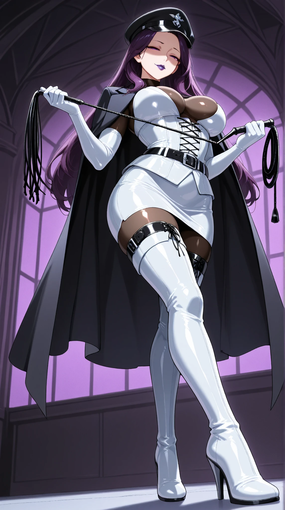  1 mature beautiful woman ,(masterpiece:1.3, top quality :1.3, very detailed depiction:1.3, incredibly absurd high definition :1.3,Curvaceous Body,Beautiful legs,High quality skin),(Female executive of an evil organization:1.3),( shiny white bondage corset with intricate structure:1.3,White Latex Tight Skirt :1.3, bodystocking ,military hat,Military cloak,Black leather belt, long gloves, leather chokers ,White tights, leather thigh-high boots),( purple eyes, half closed eyes :1.2, normal breasts, bewitching smile,Shiny purple lips,Shadowed face,Seductive gestures, holding a whip in her hand :1.2), full body image , view from below,background:Bedroom at night,Dim atmosphere