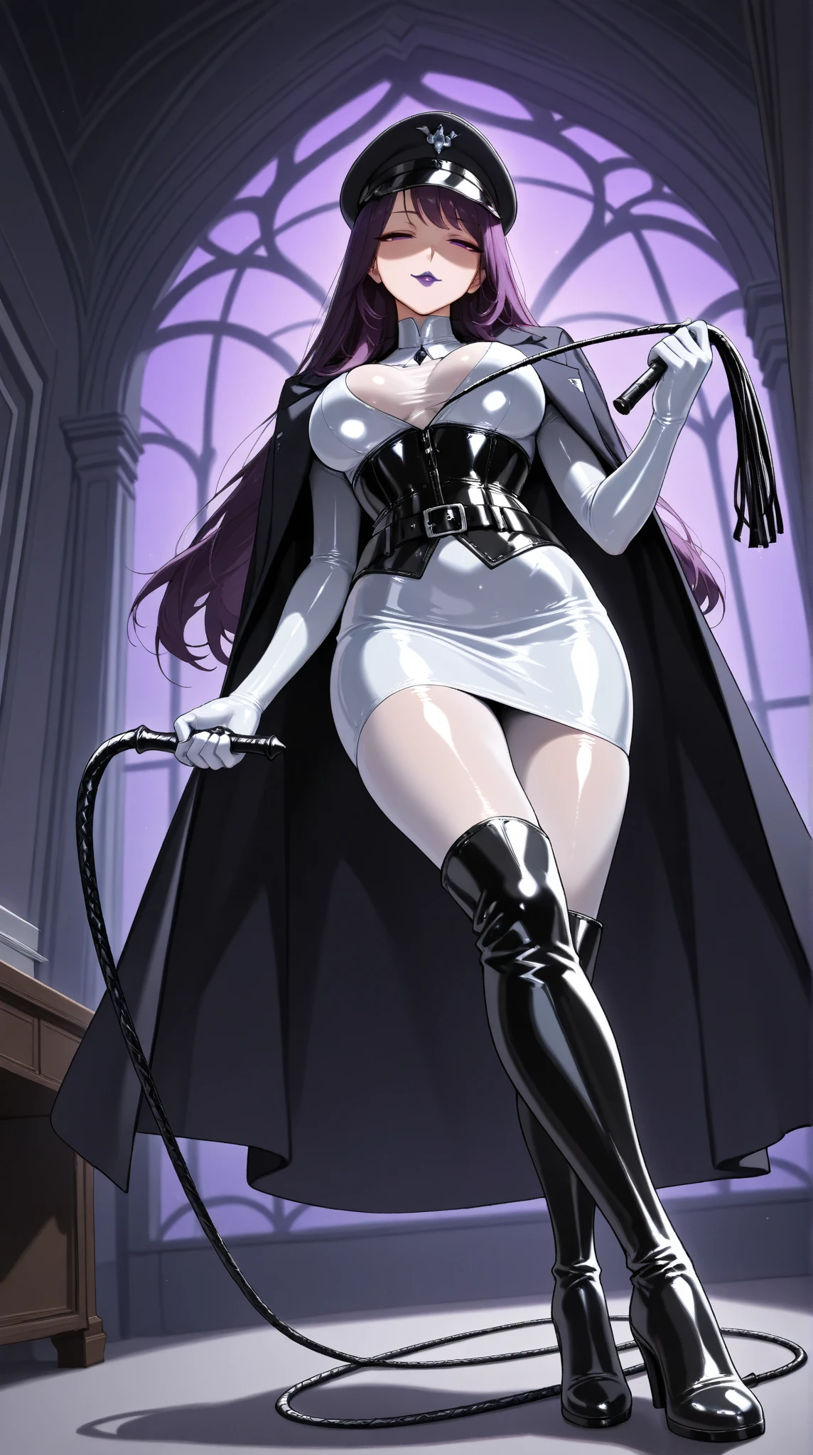  1 mature beautiful woman ,(masterpiece:1.3, top quality :1.3, very detailed depiction:1.3, incredibly absurd high definition :1.3,Curvaceous Body,Beautiful legs,High quality skin),(Female executive of an evil organization:1.3),( shiny white bondage corset with intricate structure:1.3,White Latex Tight Skirt :1.3, bodystocking ,military hat,Military cloak,Black leather belt, long gloves, leather chokers ,White tights, leather thigh-high boots),( purple eyes, half closed eyes :1.2, normal breasts, bewitching smile,Shiny purple lips,Shadowed face,Seductive gestures, holding a whip in her hand :1.2), full body image , view from below,background:Bedroom at night,Dim atmosphere