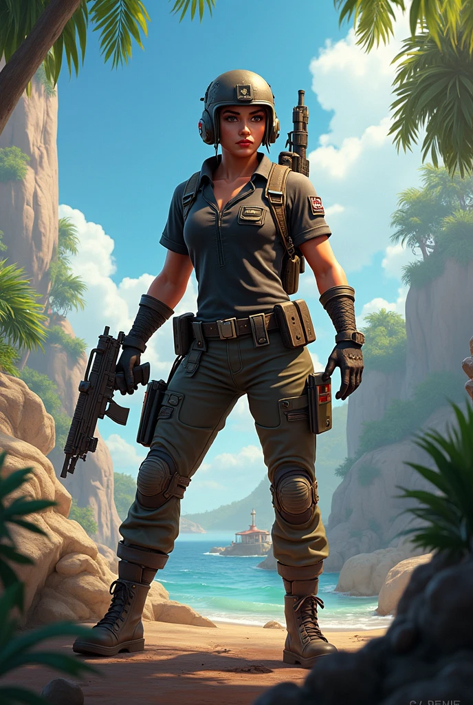 a female character stand on the grass, black bob hair, green clothes, canyon background, <lora:ApexLegends_64-000020:1>, apexlegends_style