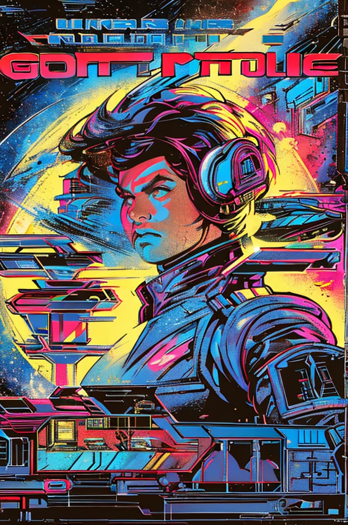 (((Top Quality Masterpiece ))),(((solo:1.2))),((( 1 woman :1.2))), 32K Highly Detailed Wallpaper , Retro Vintage Style ,(dynamic Angles),(((Overwhelming highlights))),((most complex machine)), American comics with a very flashy color scheme,80s space thriller movie poster confident face