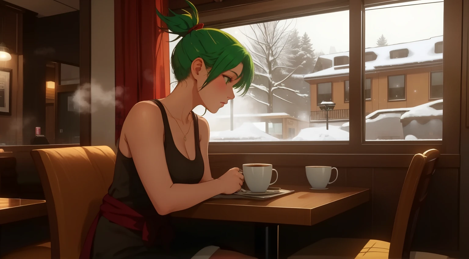 "A woman with green hair tied in a ponytail sits at a table in a cozy café, typing on a laptop. She is wearing a pink tank top, and the warm ambient lighting of the café creates a relaxing yet focused atmosphere. Behind her, the café interior features large windows, revealing a snowy winter evening outside, with a view of softly falling snow and a bustling urban street illuminated by warm streetlights. On the table beside her, a steaming cup of coffee or tea rests, adding to the comforting vibe of the scene. The café is filled with soft chatter and the clinking of cups, blending harmoniously with the serene winter ambiance outside. The setting captures a quiet moment of productivity in a cozy and inviting space."
