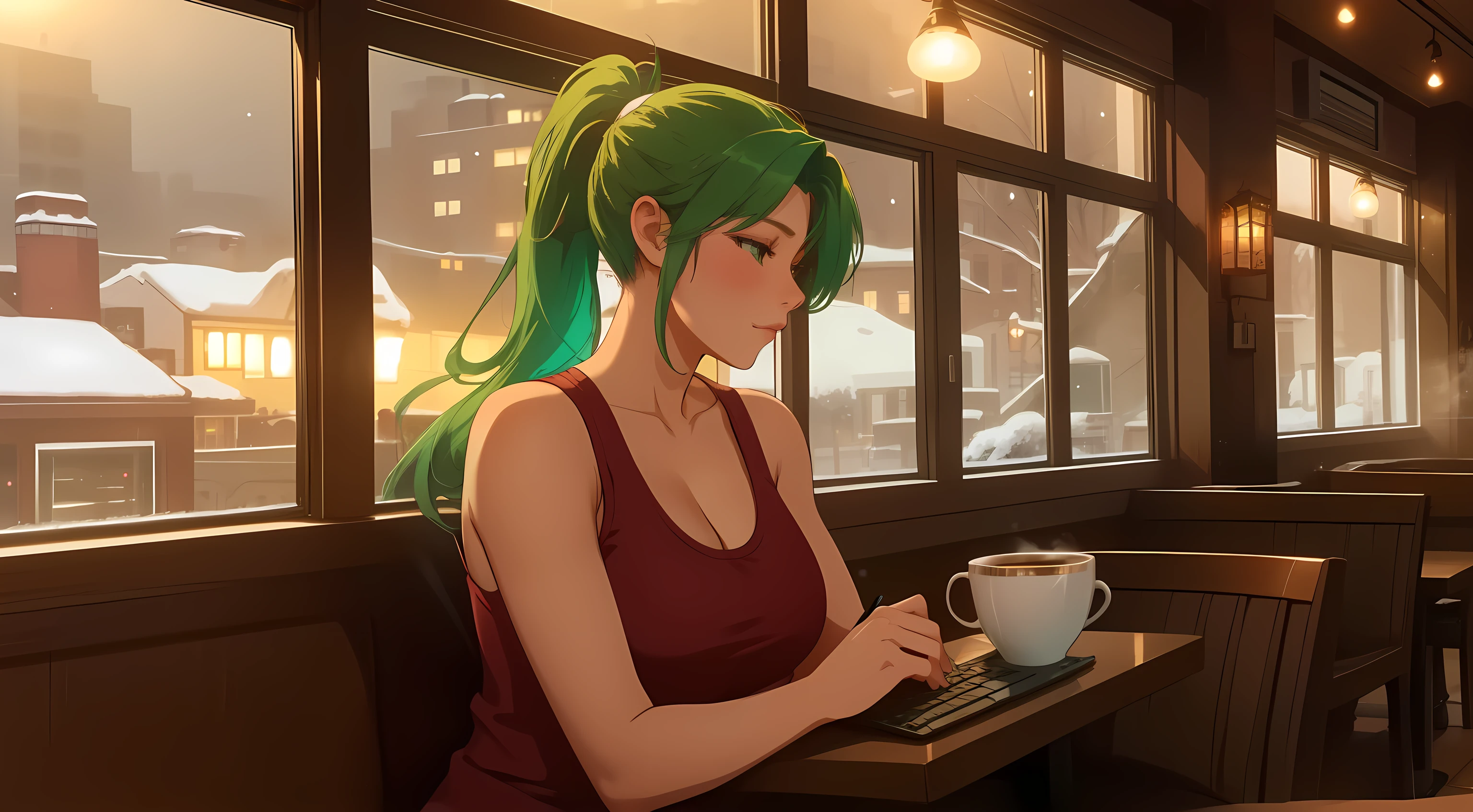 "A woman with green hair tied in a ponytail sits at a table in a cozy café, typing on a laptop. She is wearing a pink tank top, and the warm ambient lighting of the café creates a relaxing yet focused atmosphere. Behind her, the café interior features large windows, revealing a snowy winter evening outside, with a view of softly falling snow and a bustling urban street illuminated by warm streetlights. On the table beside her, a steaming cup of coffee or tea rests, adding to the comforting vibe of the scene. The café is filled with soft chatter and the clinking of cups, blending harmoniously with the serene winter ambiance outside. The setting captures a quiet moment of productivity in a cozy and inviting space."
