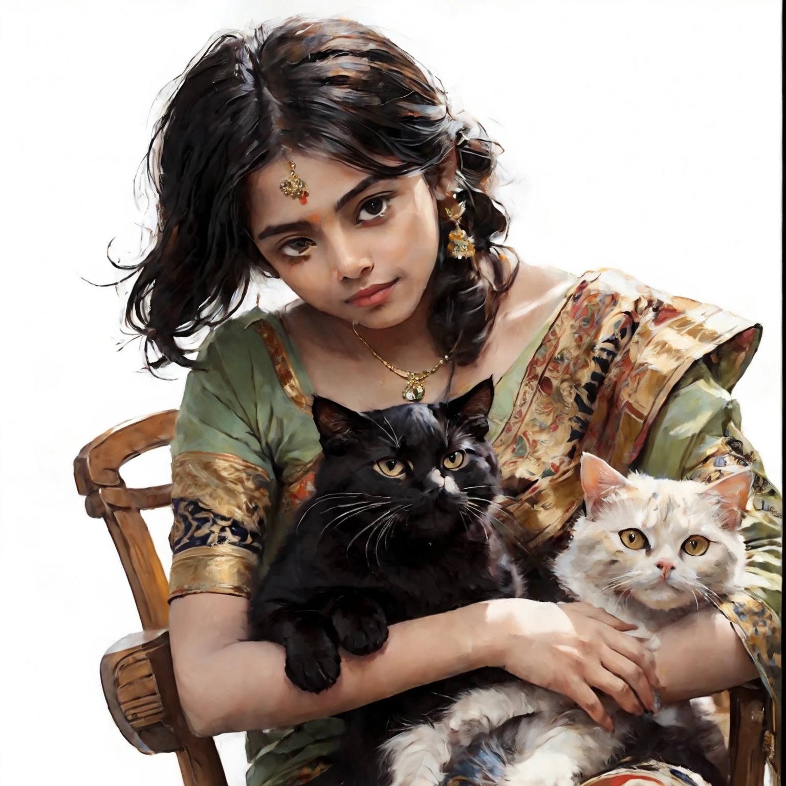 A girl, wearing saree, sari, sitting on a chair, holding two cats, oil painting, realism, realistic oil paint, hight detail, brush strokes, texture, accurate painting