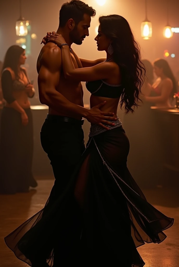 a girl and teh  devil dancing salsa, whirl flames, grey smoke, fire shower, epicrealism, UHD, 8k, super detailed, intricate