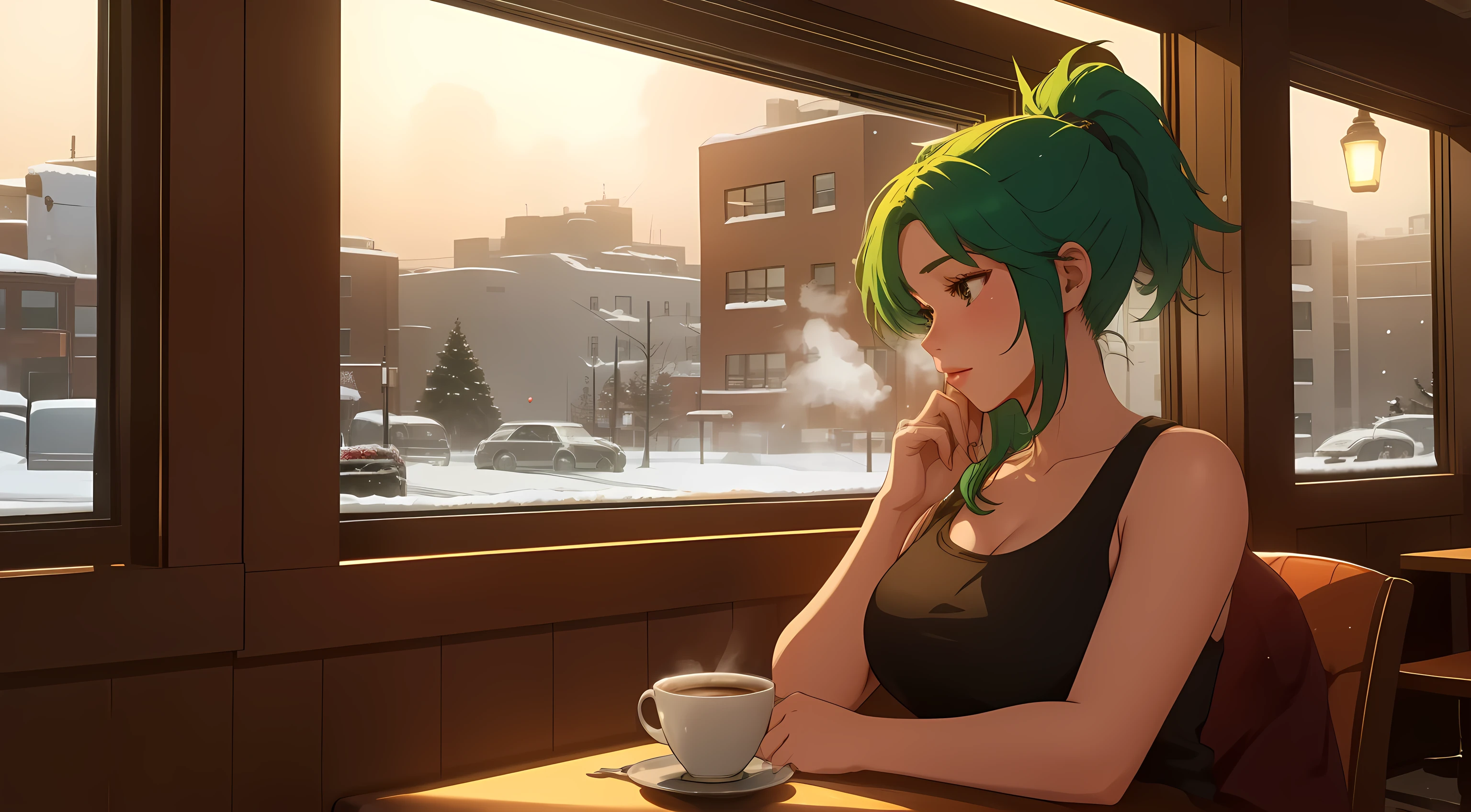 "A woman with green hair tied in a ponytail sits at a table in a cozy café, typing on a laptop. She is wearing a pink tank top, and the warm ambient lighting of the café creates a relaxing yet focused atmosphere. Behind her, the café interior features large windows, revealing a snowy winter evening outside, with a view of softly falling snow and a bustling urban street illuminated by warm streetlights. On the table beside her, a steaming cup of coffee or tea rests, adding to the comforting vibe of the scene. The café is filled with soft chatter and the clinking of cups, blending harmoniously with the serene winter ambiance outside. The setting captures a quiet moment of productivity in a cozy and inviting space."
