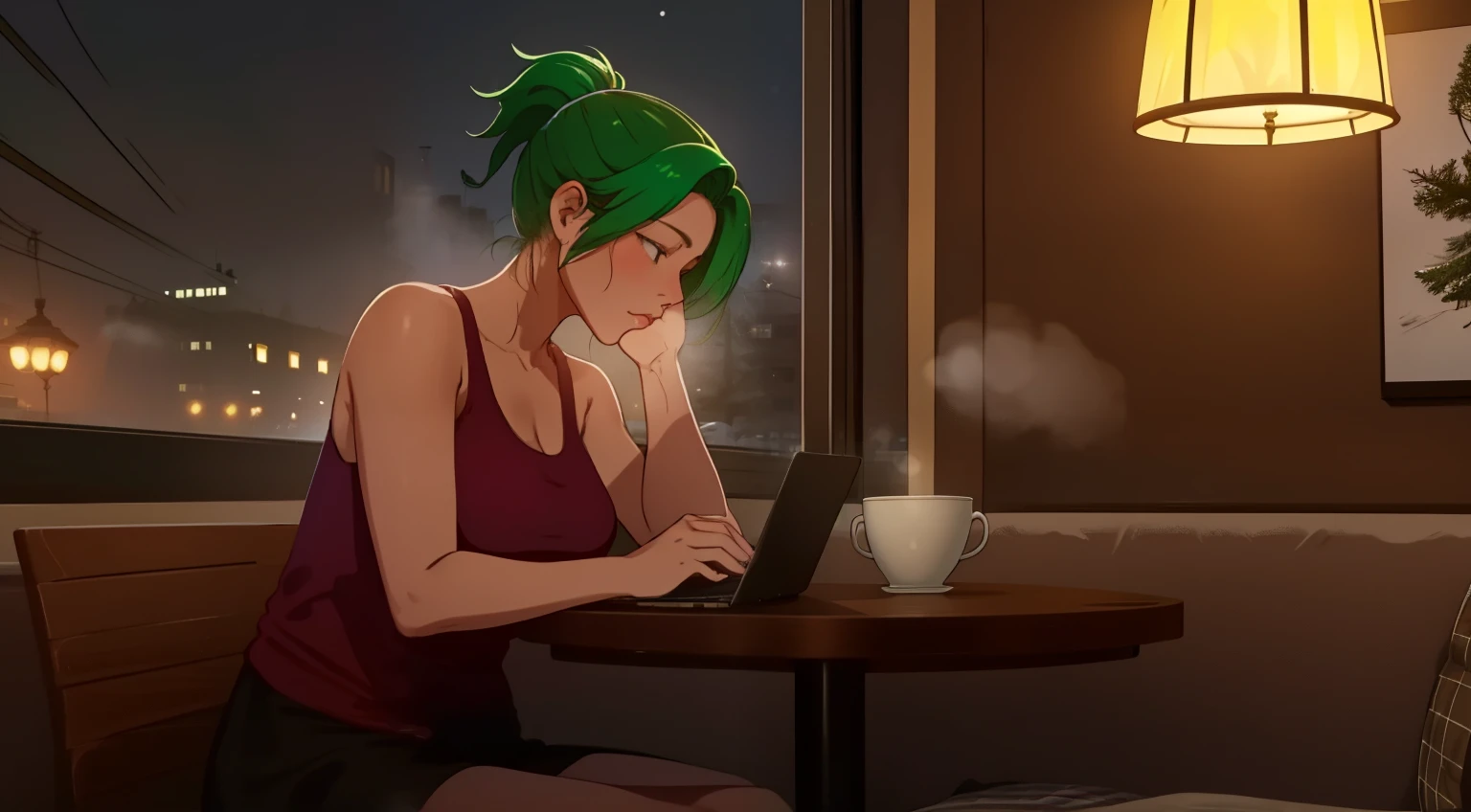 "A woman with green hair tied in a ponytail sits at a table in a cozy café, typing on a laptop. She is wearing a pink tank top under an open zipper jacket, exuding a casual and relaxed vibe. The warm ambient lighting of the café highlights the comforting atmosphere, with subtle details of wooden furniture and soft yellow lights.

Behind her, large windows reveal a snowy winter evening, showcasing softly falling snow and a bustling urban street illuminated by warm streetlights. On the table beside her, a steaming cup of coffee or tea adds to the serene ambiance. The scene blends the cozy interior of the café with the wintry magic outside, capturing a moment of quiet productivity and reflection."