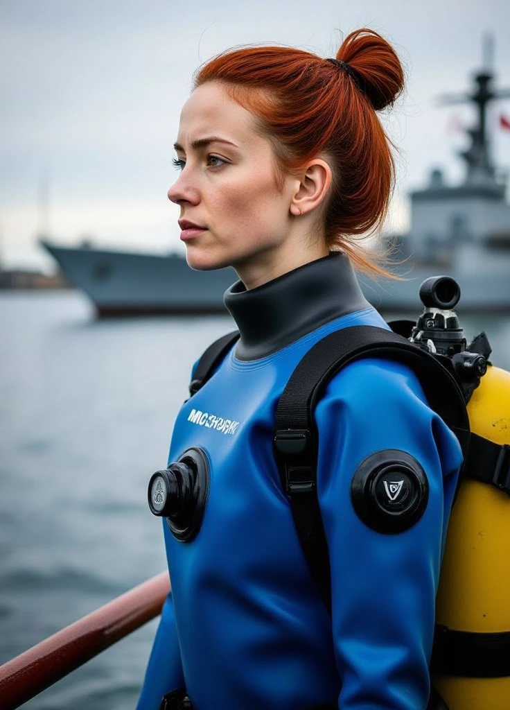 A documentary photo, Photo-realistic, ultra-realistic, (Cuban beautiful young woman, famous Cuban model, redhead:1.4,free hair,boyish cool face:1.3, profile:1.3), wetlook rubberish blue clothes,, she is a military diver of Cuban navy, experienced military diver, wearing a professional wetsuits for military diver with professional scuba equipment, She is on a shlre, She is preparing to scuba dive for a lifesaving mission, there is a large battle ship behind her,, Natural Makeup, boyish face ,Front View:1.21, Perfect Anatomy:1.21, Small head:1.21, Slender body:1.37, Narrow waist:1.5, Thin limbs:1.5, Flat Chest:1.5, Anatomically correct limbs, Diving Suits drysuits (high smooth turtleneck collar), Fully equipped for diving, Very cute Japanese woman, Brown Hair, Chignon Hair, woman holds oval scuba mask, Calm sea in qinter, Dynamic and emotional movie lighting, 