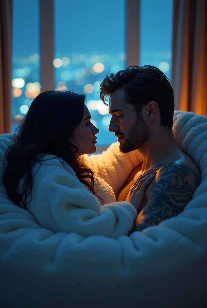 creating dynamic poses and long angle shots, a couple sleeping in a large bed,a man lying relaxed with his eyes closed, Yaman pode, 20 year, long brown hair with bun, strong square chin, defined chin, thin moustache, strong muscular physique, tattooed arm and hand, wearing no shirt, him'is just wearing white boxer briefs with a big penis. Do lado dhim está dormindo uma jovem mulher, 20 year, Kennedy Walsh, phim branca delicada, freckles, very long silky brown hair with bangs, a usar um sweatshirt branco largo, covered with blanket, hugging him a little. They are sleeping on a large white bed in a dark modern room at night with window panes showing the falling snow.