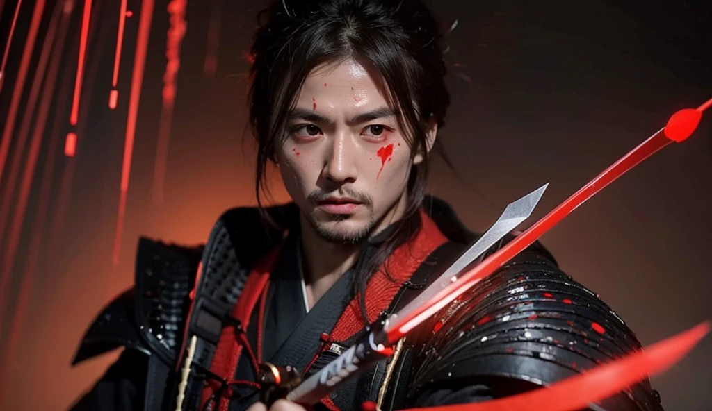 Create an image of a Japanese samurai with an arrow through his heart and blood splattered