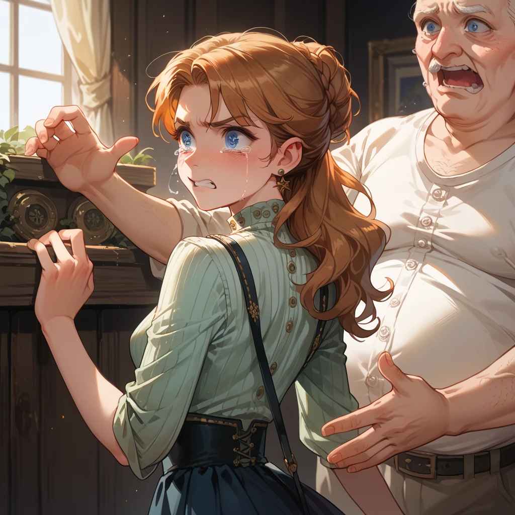 1girl ,Anna from arrendel, skinny, beautiful, blue eyes, ,SCARE,SHY, crying, old man? OLD MAN IS ANGRY, old man grabs her ass under the skirt, spanking girl´s butt,