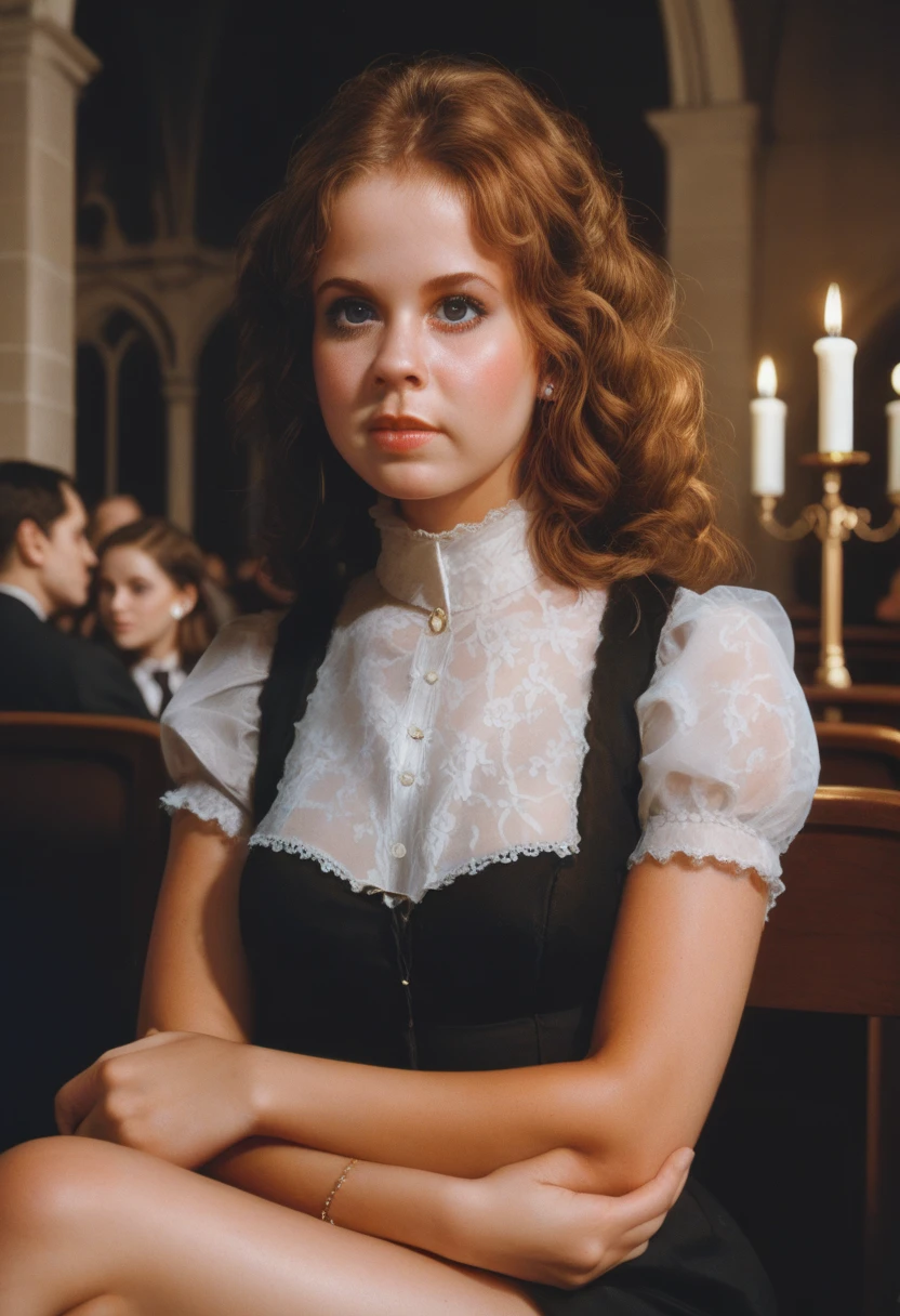    Linda Blair in her early teens   ,  small , very young, tiny body,  short stature, ,    in the movie The Exorcist   " from 1979   ,  , horror art,   wonderful art ,  in the lobby of a Boston church in 1979 at night, Lleva un collar con una cruz,    dynamic pose   ,    towards the spectator   ,  wide-open eyes ,  long wavy brown hair ,  sitting on a chair , hugging a Bible , Beautiful legs,  short dress from the eighties , mid body shot