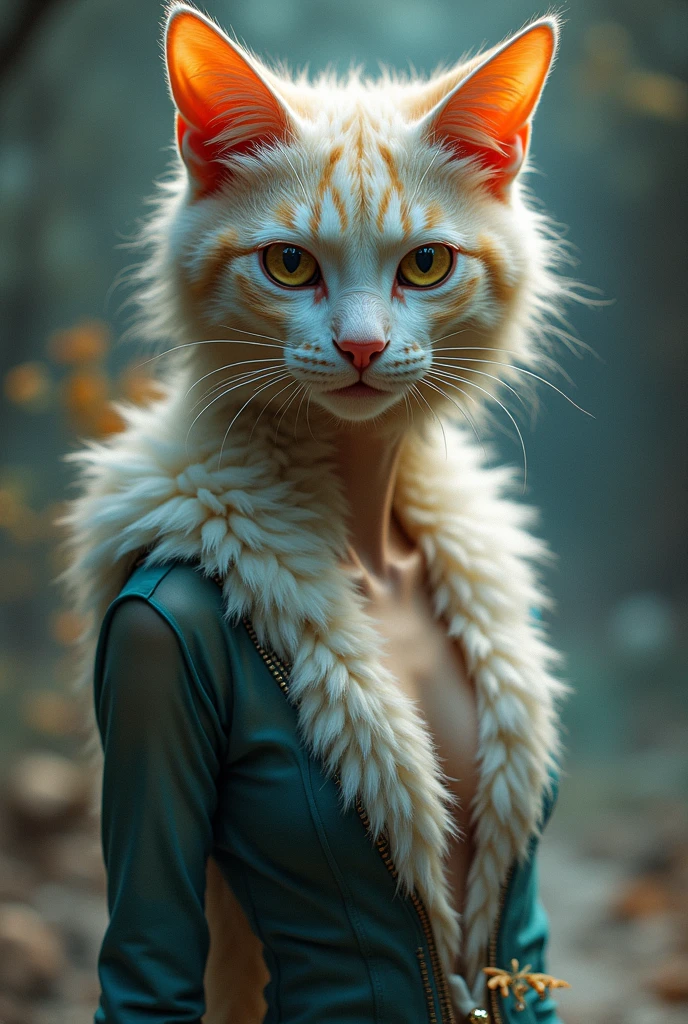 Woman with black clothes and furry cat features with orange fur