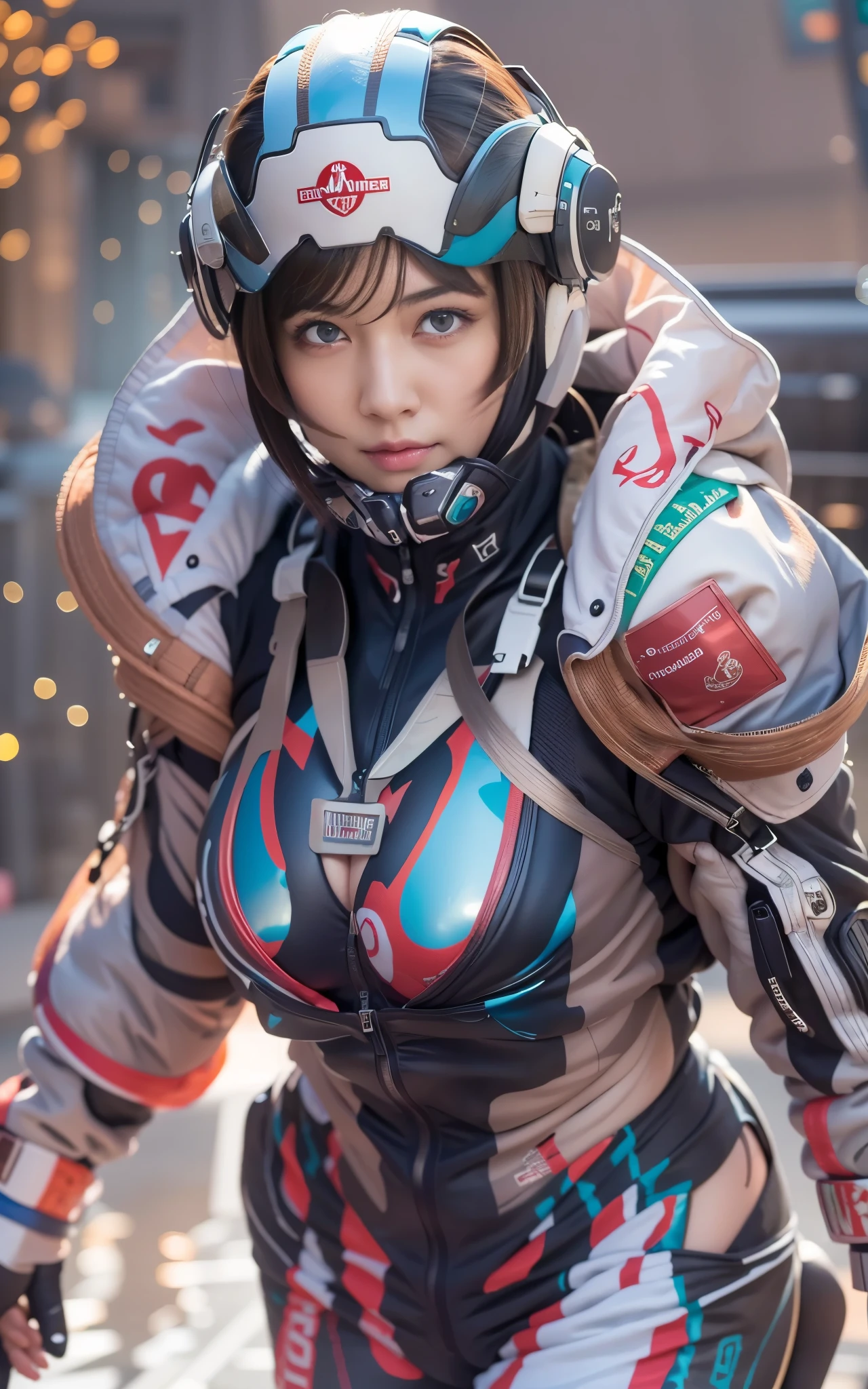 ((Best Quality)), ((masutepiece)), (Detailed: 1.4), (Absurd), Caucasian female fighter pilot ready for war, front walking, muscular sculptural body defined, Closed mouth, muscular body covered by technological clothing, Neon Genesis Evangelion Suit, Cyberpunk, generous neckline, ((perfect large breasts)), (blue eyes without pupils), close to real, Crazy face, Sexy Pose, Centered, scale to fit the dimensions, (High dynamic range), Ray tracing, Hyper-Resolution, Subsurface Dispersion, PBR Texture, Post-processing, Anisotropy Filtering, depth of fields, Maximum clarity and sharpness, Multilayer textures, Surface Shading, accurate simulation of light and material interactions, Perfect proportions, thirds rule, top-quality, in 8K, ultra-detailliert, Being on the roof of a skyscraper