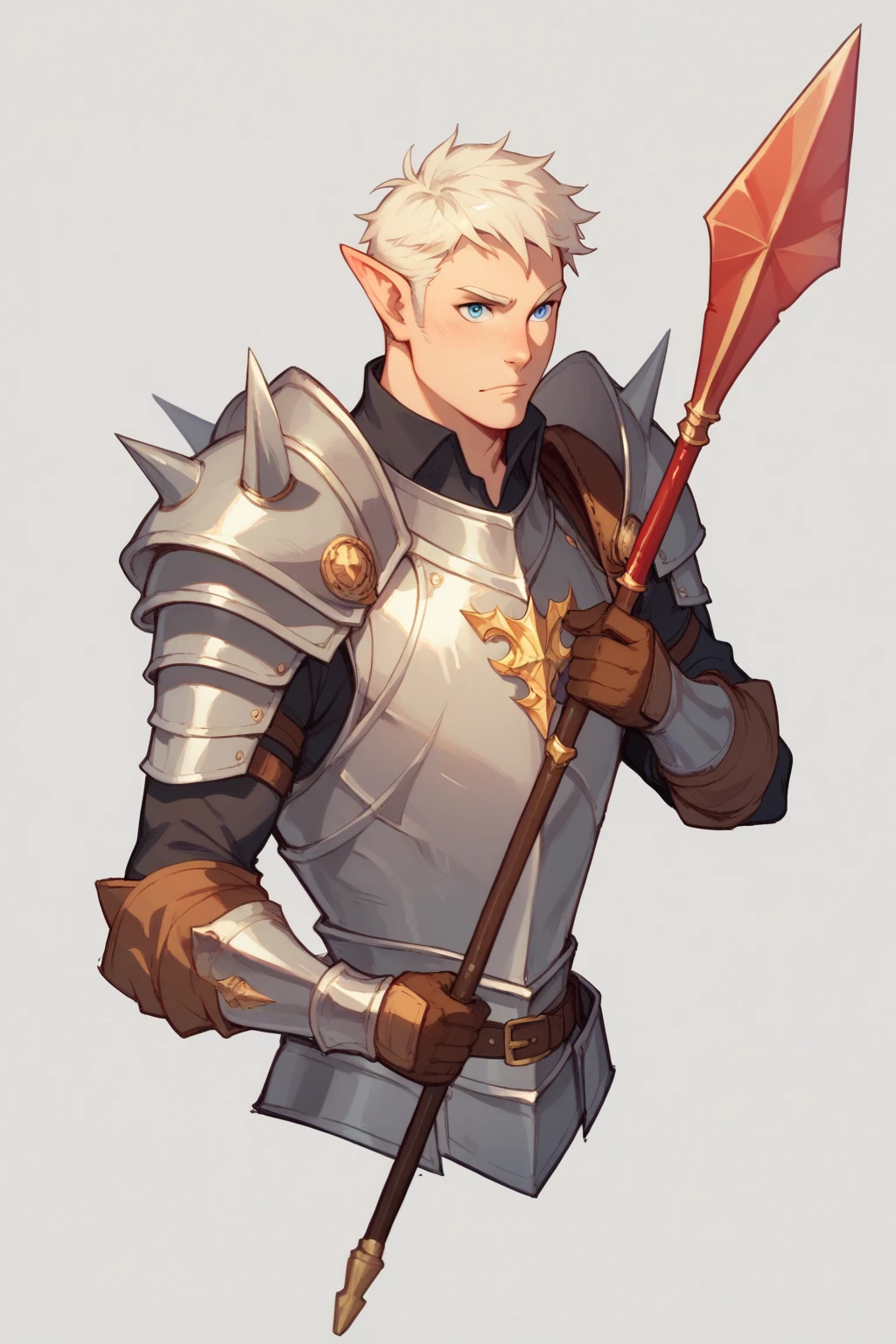 A white-haired male elf who has a blue-eyed centurian sword and a spear on his back who wears armor similar to that of a knight mixed with a thief who shows the character from head to toe and places a drawing sheet only in the middle from space