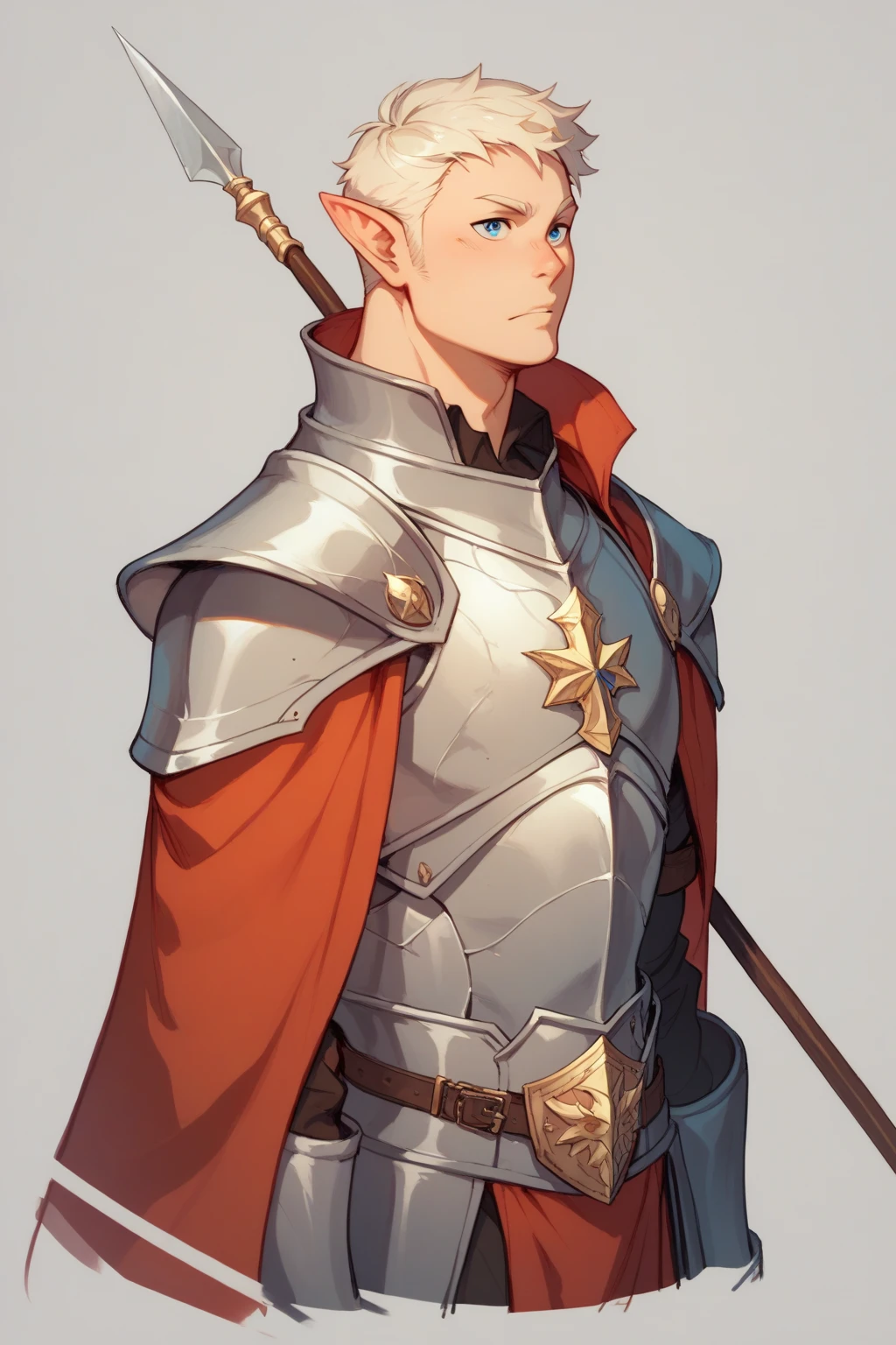 A white-haired male elf who has a blue-eyed centurian sword and a spear on his back who wears armor similar to that of a knight mixed with a thief who shows the character from head to toe and places a drawing sheet only in the middle from space