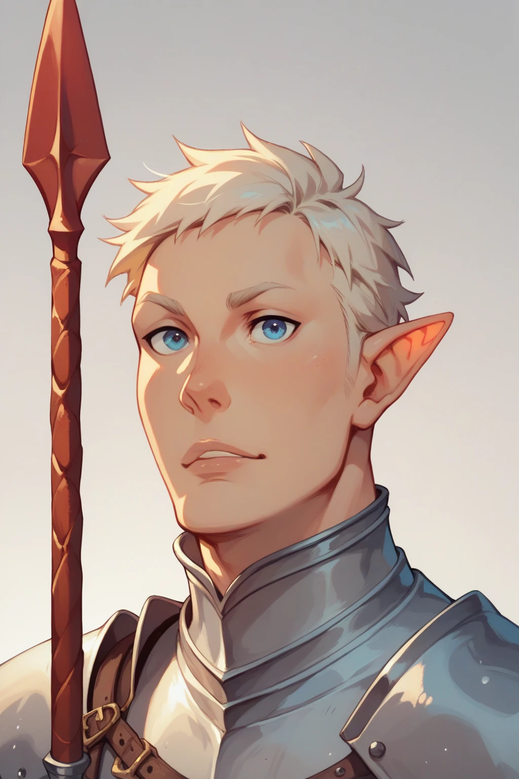 A white-haired male elf who has a blue-eyed centurian sword and a spear on his back who wears armor similar to that of a knight mixed with a thief who shows the character from head to toe and places a drawing sheet only in the 