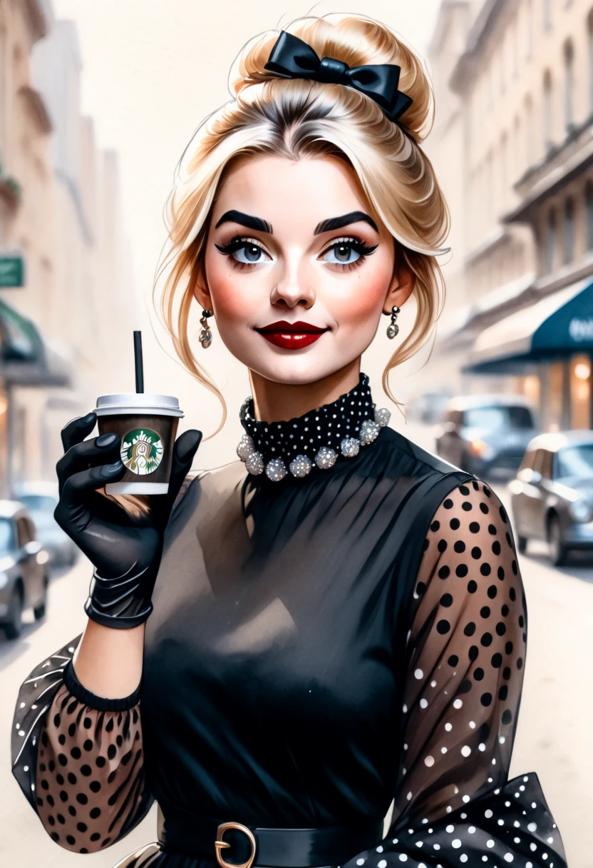 Watercolor illustration of a woman with a blurred face, wearing a black long-sleeved blouse and black transparent gloves with polka dots. She holds a disposable coffee cup in her right hand and makes a gesture with her left hand. She wears a necklace of pearls and has blonde hair tied in a high bun, decorated with a black bow.