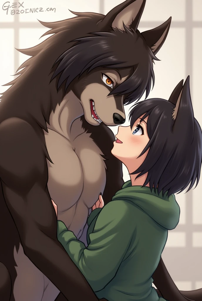 score_9,score_8_up,score_7_up, a young nerdy Anthro furry wolf woman, white furry body, tall, long black messy hair, white wolf tail, hair covering one eye, long bangs, long black hair, blue eyes, black glasses, small breasts, white wolf tail, topless, wearing only thigh high socks, clenched teeth, side view, she is lying flat on her stomach, getting fucked from behind by human male, groundhog sex position