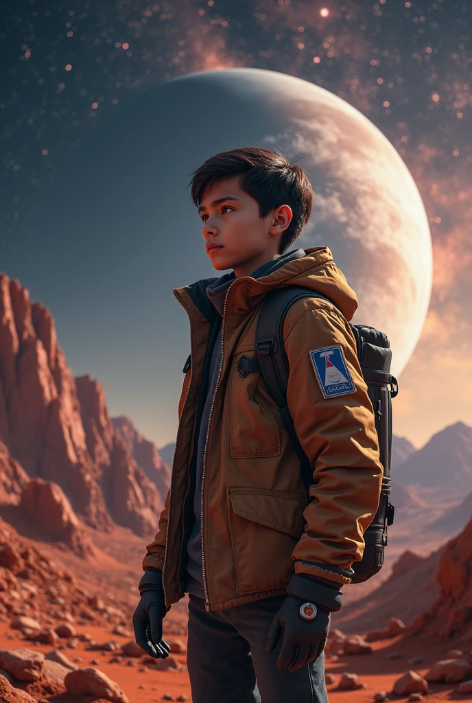 A teen boy of age 27 wearing gen z outfit standing in a utopian civilization with colourful landscape give focus on details and surooundings with a sky view veautiful sun and clouds and asthetic landscape