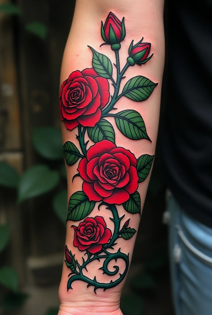 TATTOO OF ROSE VINES WITH THORNS THAT WRAPP UP THE ARM ALL OVER AND OVER THE PEC WITH A LARGE BUSH OF ROSES THEN THE ROSE VINES WITH THORNS MOVE WRAPPING AROUND THE NECK