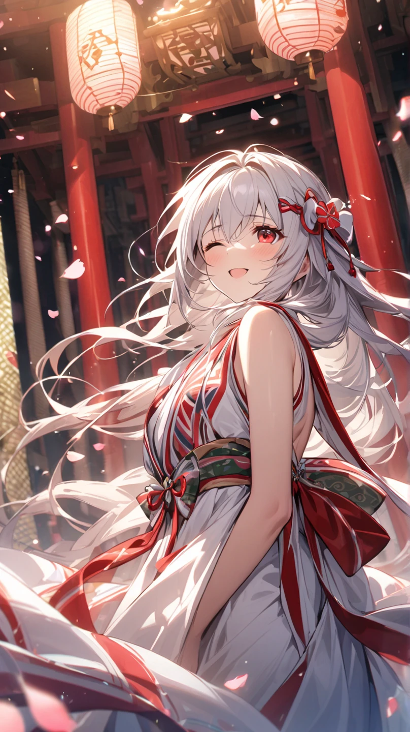 (animemanga girl, wears a white dress, red waistband, There is a flower on the hair, adolable, wearing beautiful clothes, whaite hair, Noble robes, Flowing white robe, onmyoji，Pixel art)