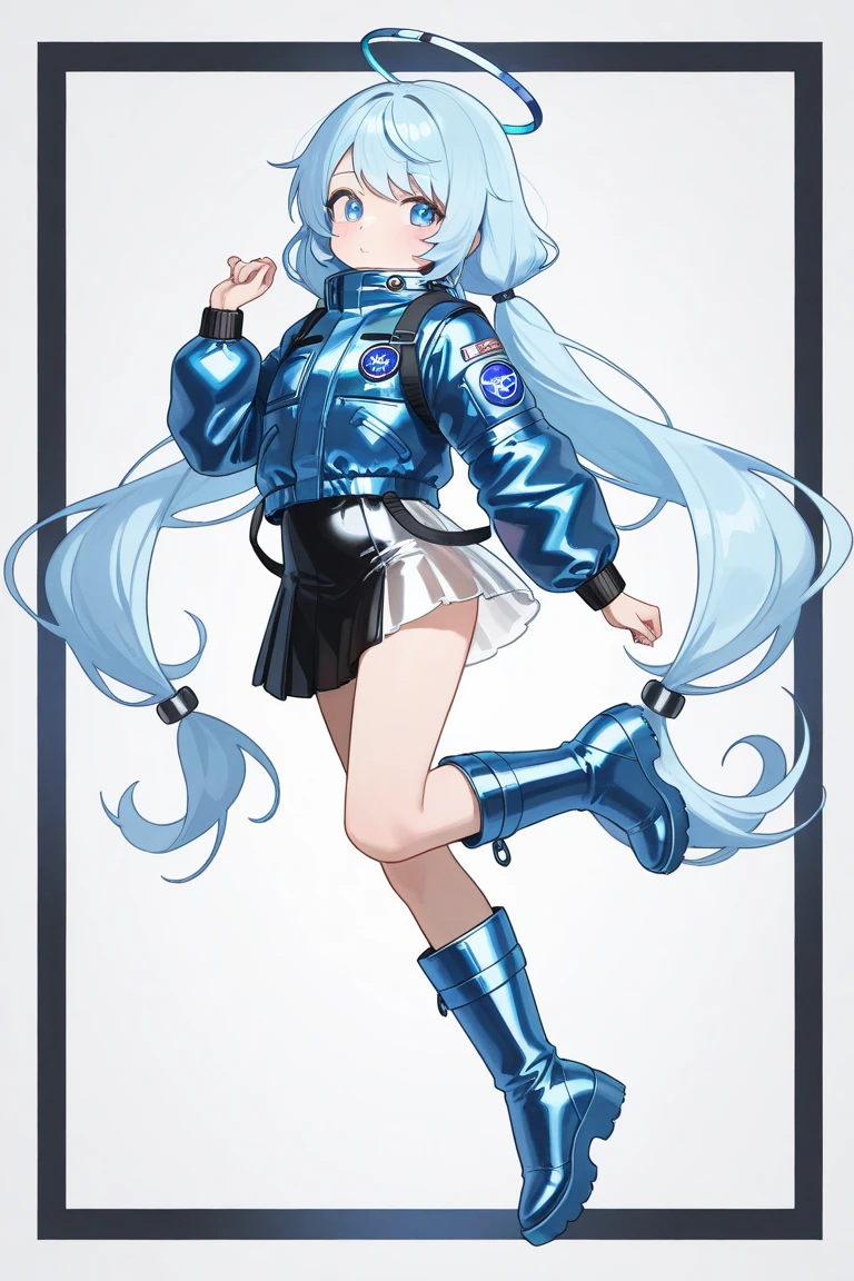 A girl with ice blue hair. Her long hair is tied into two twisted pigtails at the bottom, with soft bangs framing her face. She wears a short, metallic blue astronaut jacket with a small galaxy logo on the left chest. Her bottom is completed with a short, asymmetrical metallic skirt that is slightly longer at the back and shorter at the front. On her feet, she wears high boots with glowing blue soles.