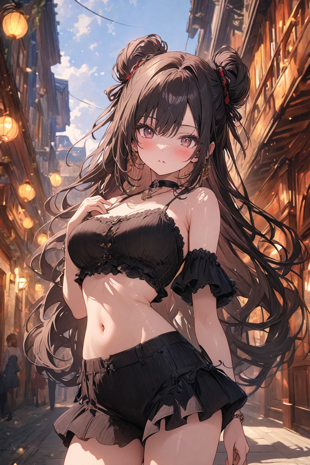 (masterpiece), best quality, very aesthetic, newest, absurdres, detailed, high quality
BREAK
highest quality, top quality, details, highres, ultra fine painting, digital art, official art, cinematic, 4k, 8k resolution, 8K CG wallpaper, CG, original artwork, detailed background, colorful background, blue atmosphere, High Dynamic Range, blurry background, blue hour, Starburst effects, crepuscular rays, good ISO, high resolution, wide shot, from far away, RAW photo, POV, sharp focus, light reflection, reflections, intricate details, soft light, particle noise, professional photography, bokeh, depth of field, natural lighting, vibrant colors, looking away, detailed lights and shadows, stylish, ultra-detailed, top rated on Pixiv, trending on Artstation, niji style, modern-days, master crafted, pose
BREAK
solo, (close up), 1girl, pale skin, correct fingers, detailed hand, (big breasts:1.2), toned breasts, tight breasts, big thighs, small torso, short body, flushtered, blush, anxious expression, embarassed, embarassed act, casual, slim, ((cute, childlike face):1.3), nice body, nice hips, brown hair, (very long flowing hair), (big 2 buns hairstyle)), long bangs, long hair, middle hair bangs, brown eyes
BREAK
(white frilly loose-fitting crop shirt, long sleeve, (panties), cleavage, choker, casualwear style, detailed tummy, belly button, modern fashion)
BREAK
tranquil park scene, the park features lush, green grass, a variety of trees in different shapes and sizes, Include a vibrant flower garden with a mix of colorful blooms.