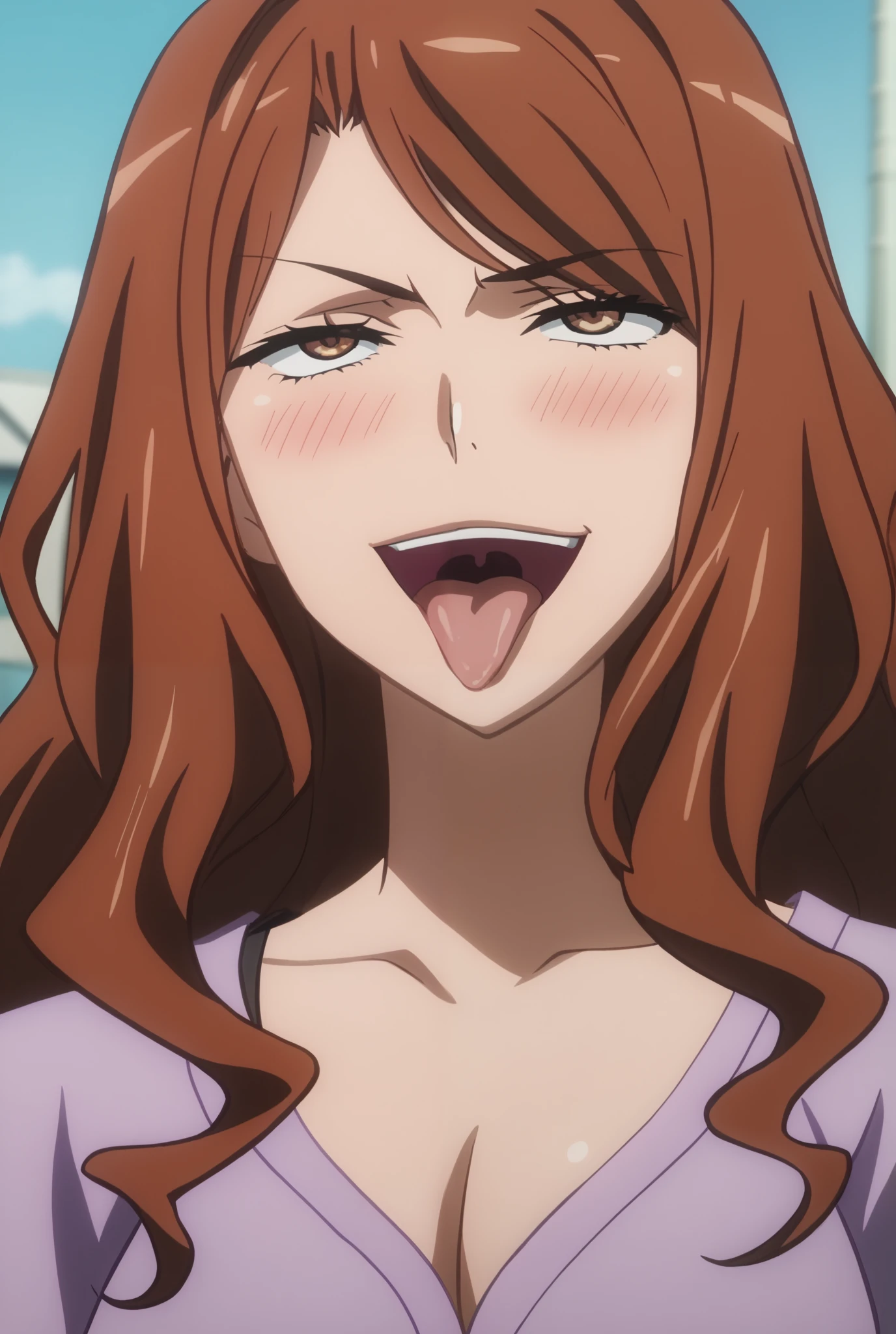 NSFW,masterpiece, best quality, very aesthetic, absurdres, source_anime, anime screencap, strong contrasts, beautiful eyes, BREAK 1girl, solo, mugino shizuri, long hair, wavy hair, brown hair, brown eyes, large breasts, purple short dress, long sleeves, collarbone, cleavage, belt, black thighhighs,  close mouth, temptation, sexy pose, outdoors, street, blue sky, squat,Spread legs、black panties,T bag,show off panties,lewd female,facing backwards、emphasize the buttocks、tongue out and open mouth, smug、blush,Spread pussy