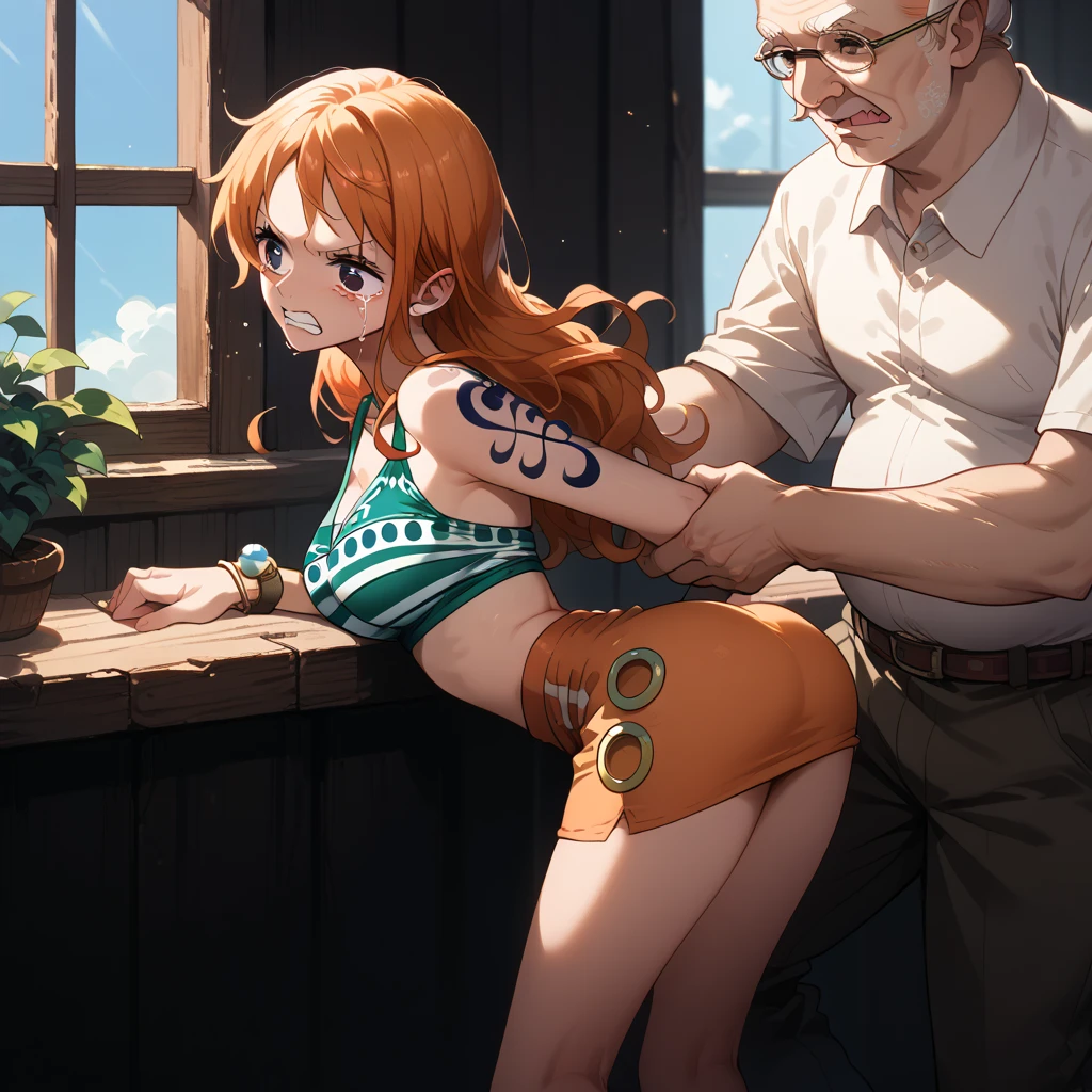 1girl ,nami, skinny, beautiful, blue eyes, ,the girl is SCARE,the girl is crying, old man, OLD MAN IS ANGRY, old man grabs her ass under the skirt, 