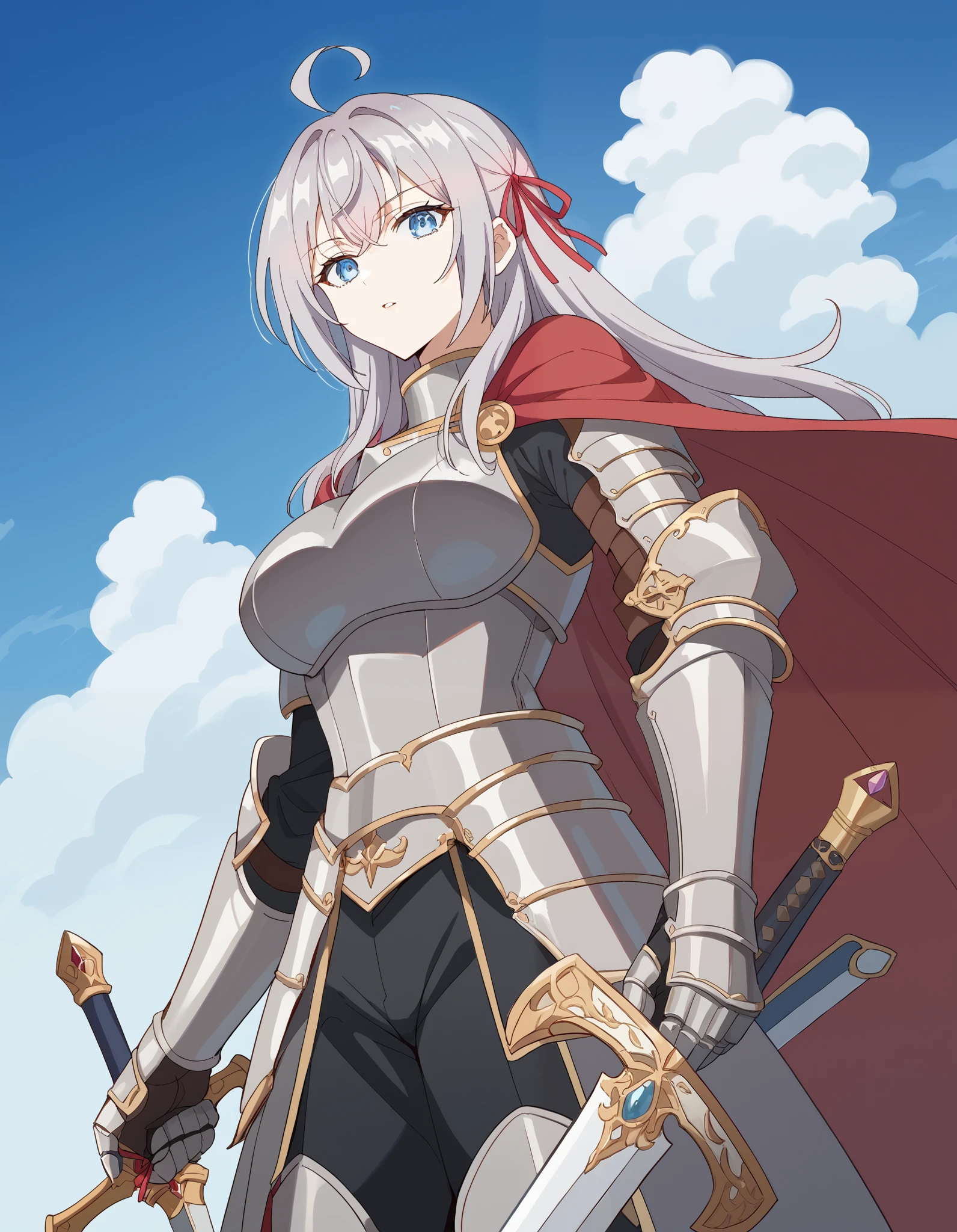 score_9, score_8_up, score_7_up, source_anime, alisamikhailovnakujou, alisa mikhailovna kujou, long hair, bangs, blue eyes, hair ribbon, ahoge, grey hair, red ribbon, large breasts,, knight, armor, cape, sword, weapon, holding weapon, shoulder armor, gauntlets, helmet, pauldrons, red cape,, blue sky, clouds, from below, parted lips, looking at viewer