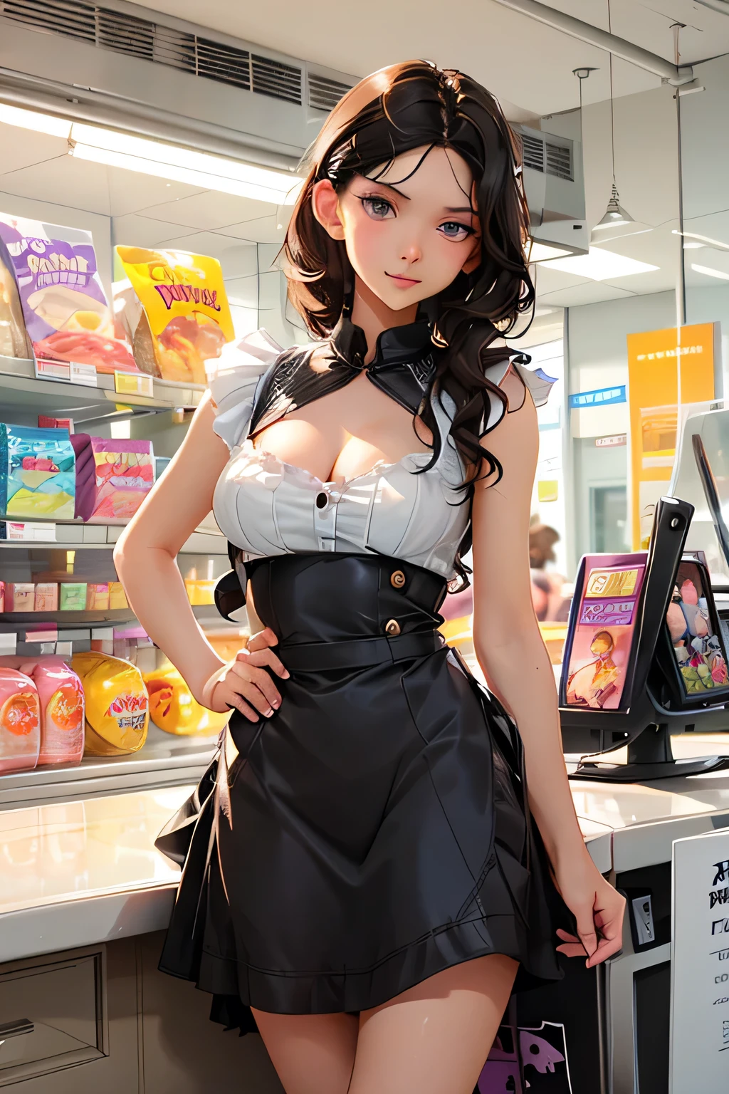  Beautiful girl . Height 170 cm .  black hair . 20 years .  Size 3 breasts  .  violet eyes.  She's a store clerk . Standing at the checkout  . She's sad .  Strict clothes . Everything is closed  . wearing an apron .